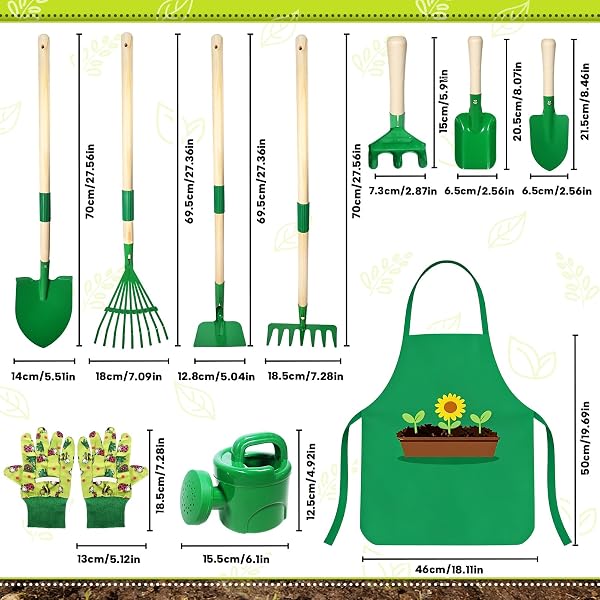 Outils Jardinage Enfant, 10 Kit Jardin Métal avec Pelle, Râteau, Fourche, Gants de Travail, Tablier, Arrosoir, Ensemble Complet de Jardinage pour Enfants, Jardin Extérieur, Cour, Pelouse (A) - 5
