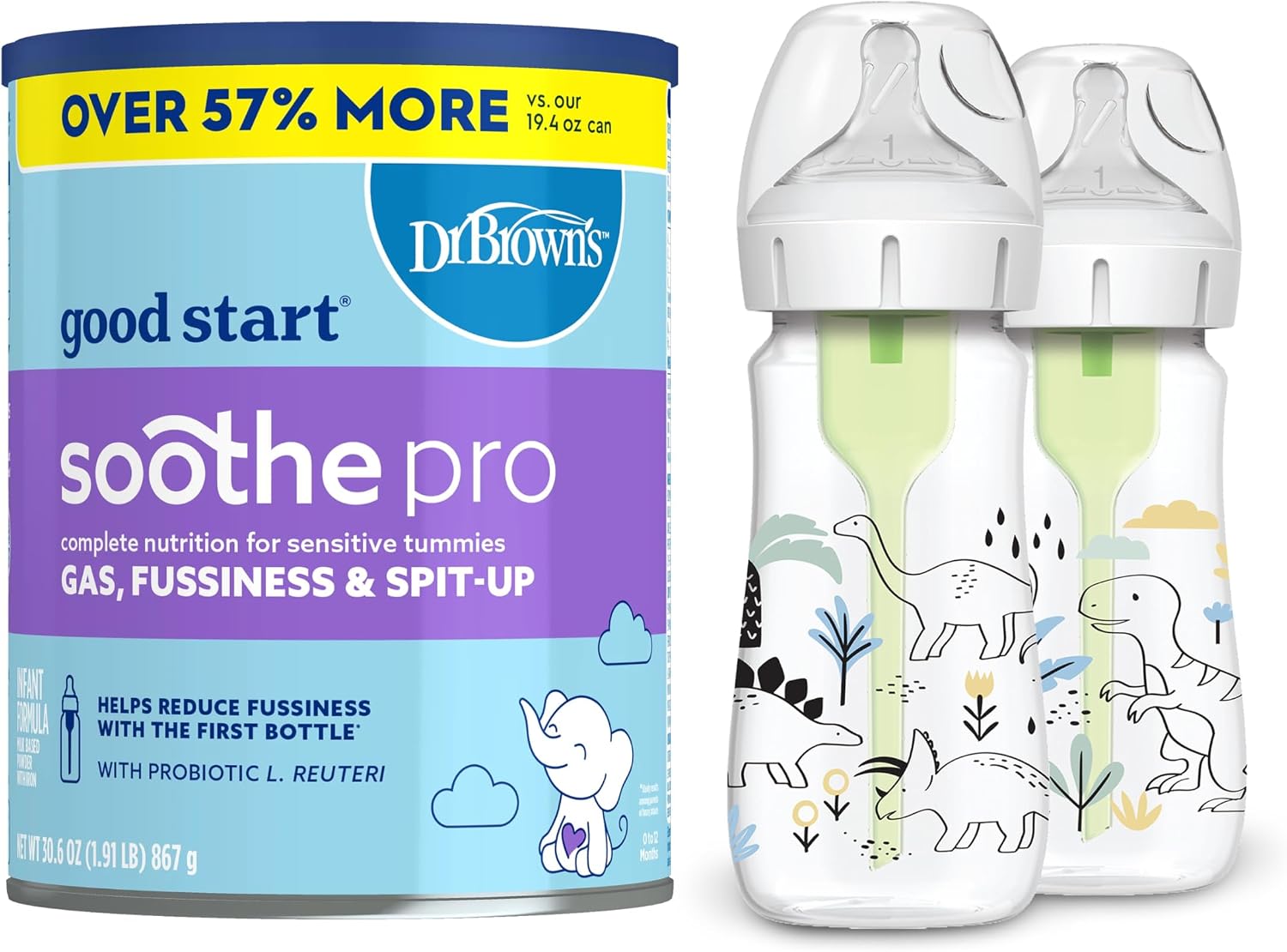 Dr. Brown's Good Start Baby Formula Powder, 30.6 Ounce & Natural Flow Anti-Colic Options+ Wide-Neck Baby Bottle Designer Edition Bottles, Dino Decos, 9oz/270mL, Level 1 Nipple, 2-Pack, 0m+