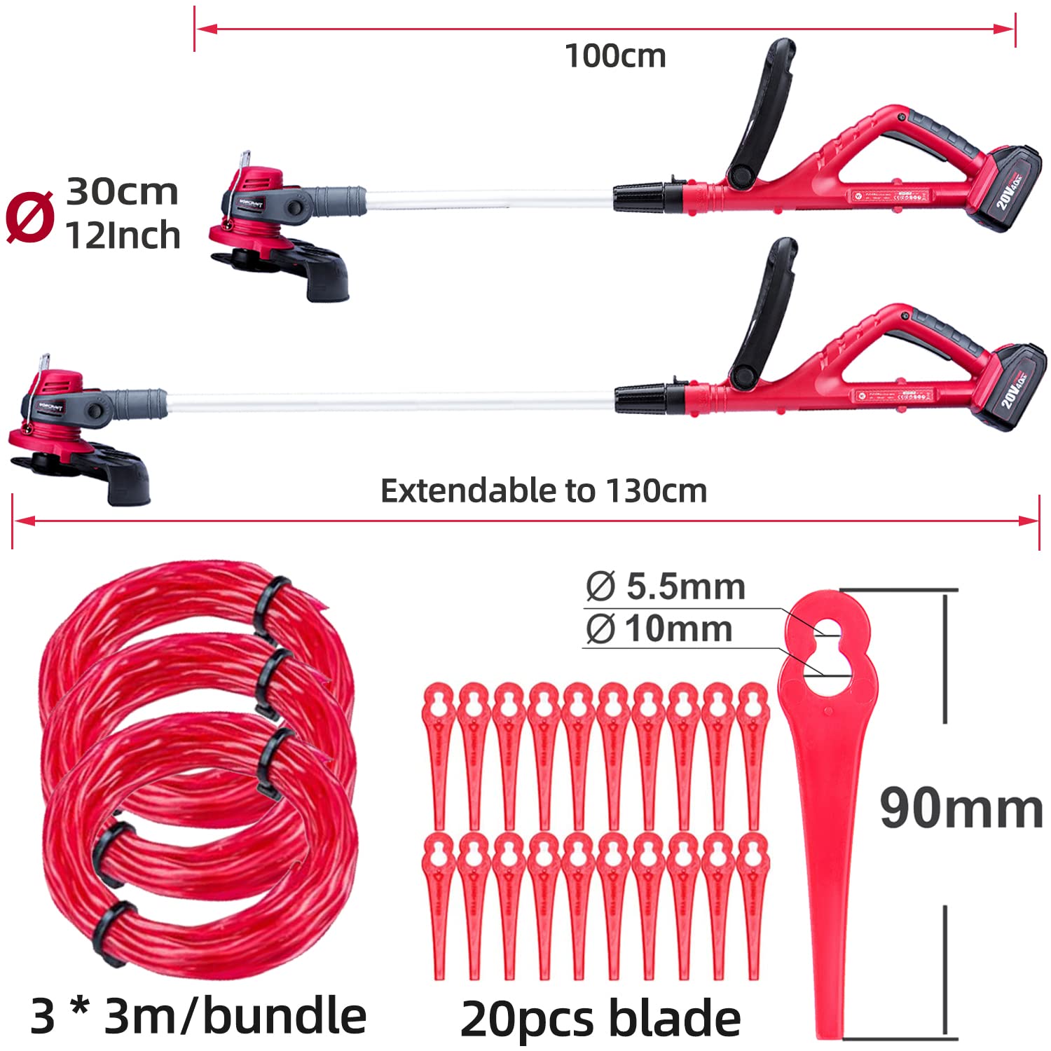 Coupe Bordures sans Fil avec 2 Batteries & Chargeur - Poignée Rotative et Manche Télescopique - Avancée Automatique du Fil - Outil de Jardin Puissant et Pratique