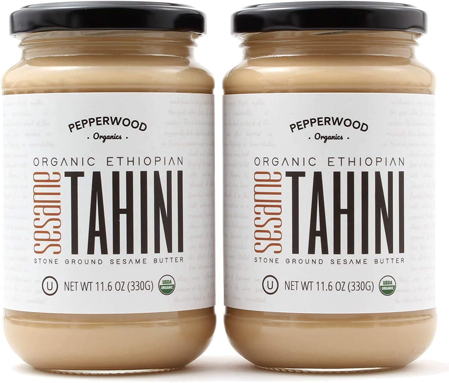 Organic Hulled Sesame Tahini Paste - Stone-Ground - Silky Smooth Texture in Hummus, Dips, Dressings - Unsalted, Nut-Free, Kosher, Paleo, Keto 330g Glass Jar (2-Pack) Pepperwood Organics
