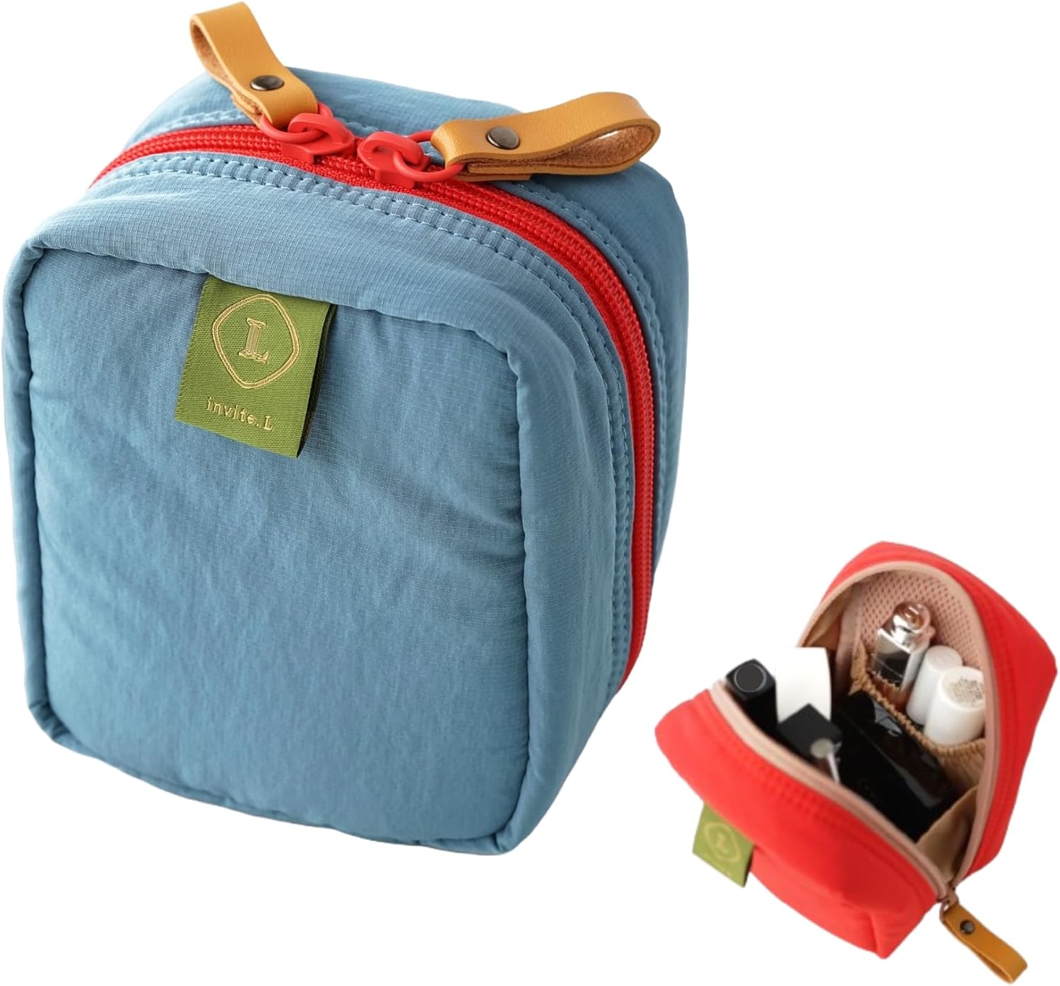 Invite.L Small Stand Up Compact Cosmetic Bag Organized Pockets Korean Beauty Case Portable Makeup Pouch Toiletry Storage Work Essentials Elegant (Ocean Sky)