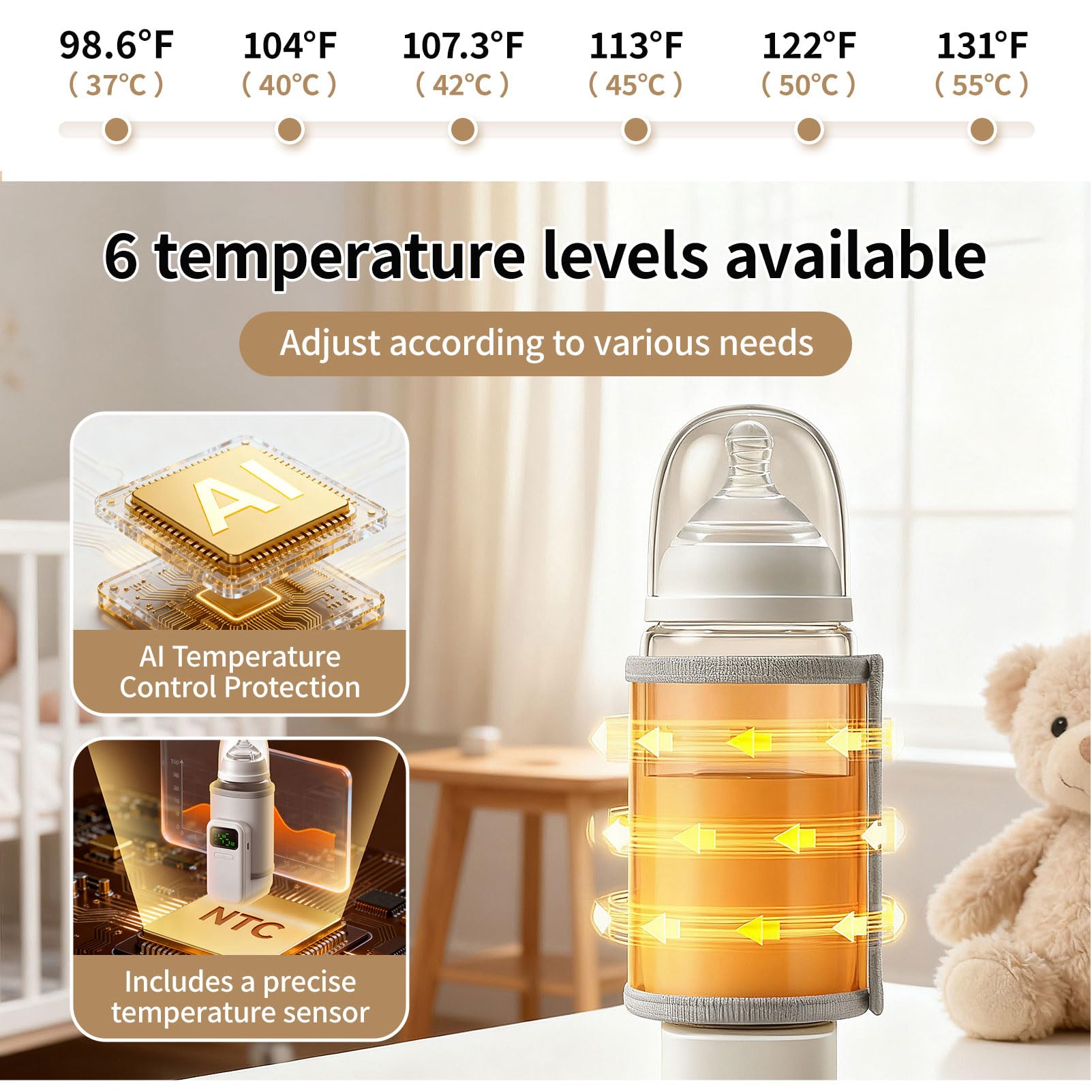 Scaldabiberon portatile, riscaldamento veloce e uniforme con 6 marce di temperatura e display digitale, manicotto riscaldante ricaricabile per il latte, mantiene caldo per latte materno/latte