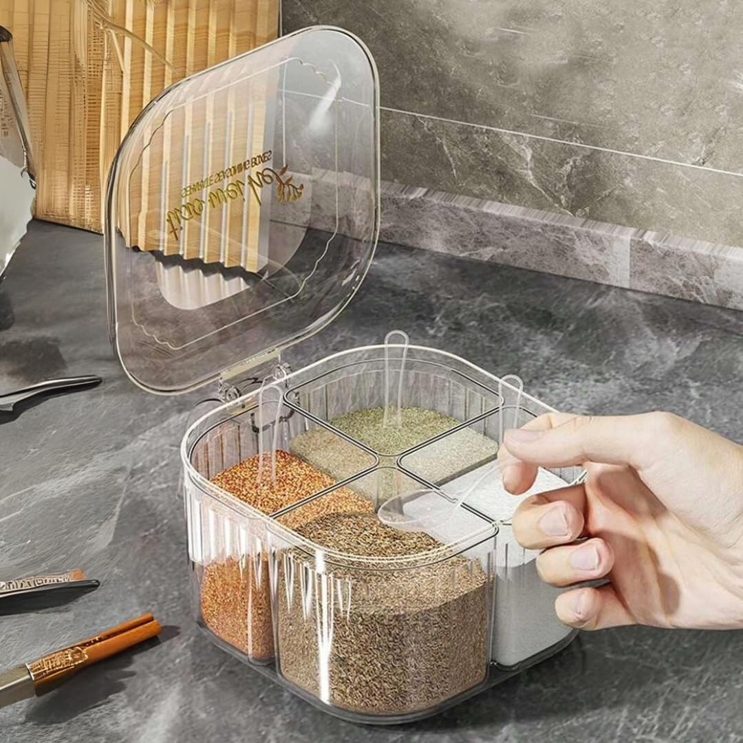 4-Compartment Clear Acrylic Spice Box with Spoon, Transparent Seasoning Box for Kitchen Countertop Storage Multipurpose Spice Organizer for Salt, Sugar, Pepper, Herbs, and More (Transparent)