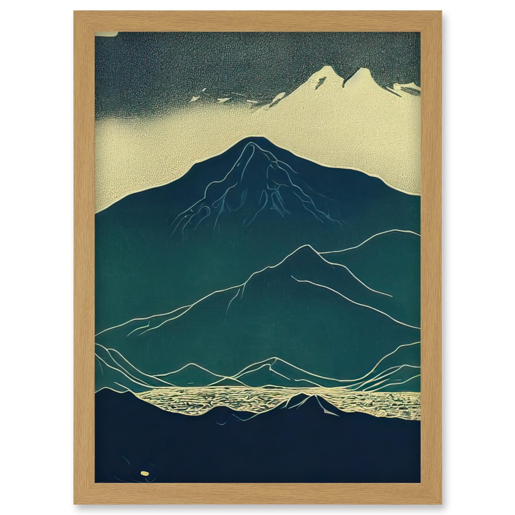 Artery8 Scottish Highlands Lake Mountains Blue Linocut Artwork Framed Wall Art Print A4