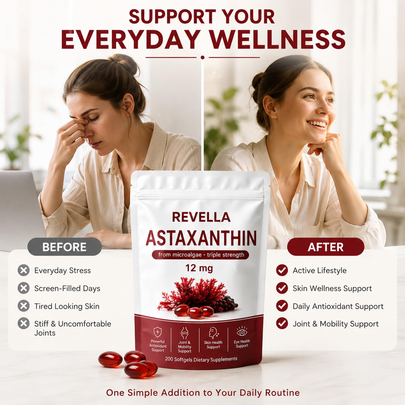 Revella Astaxanthin 12mg Softgels, Natural Microalgae Astaxanthin with Sunflower Oil, Antioxidant Support, Skin, Eye & Joint Wellness, Non-GMO, Gluten-Free, 200 Softgels — Amazon image 4