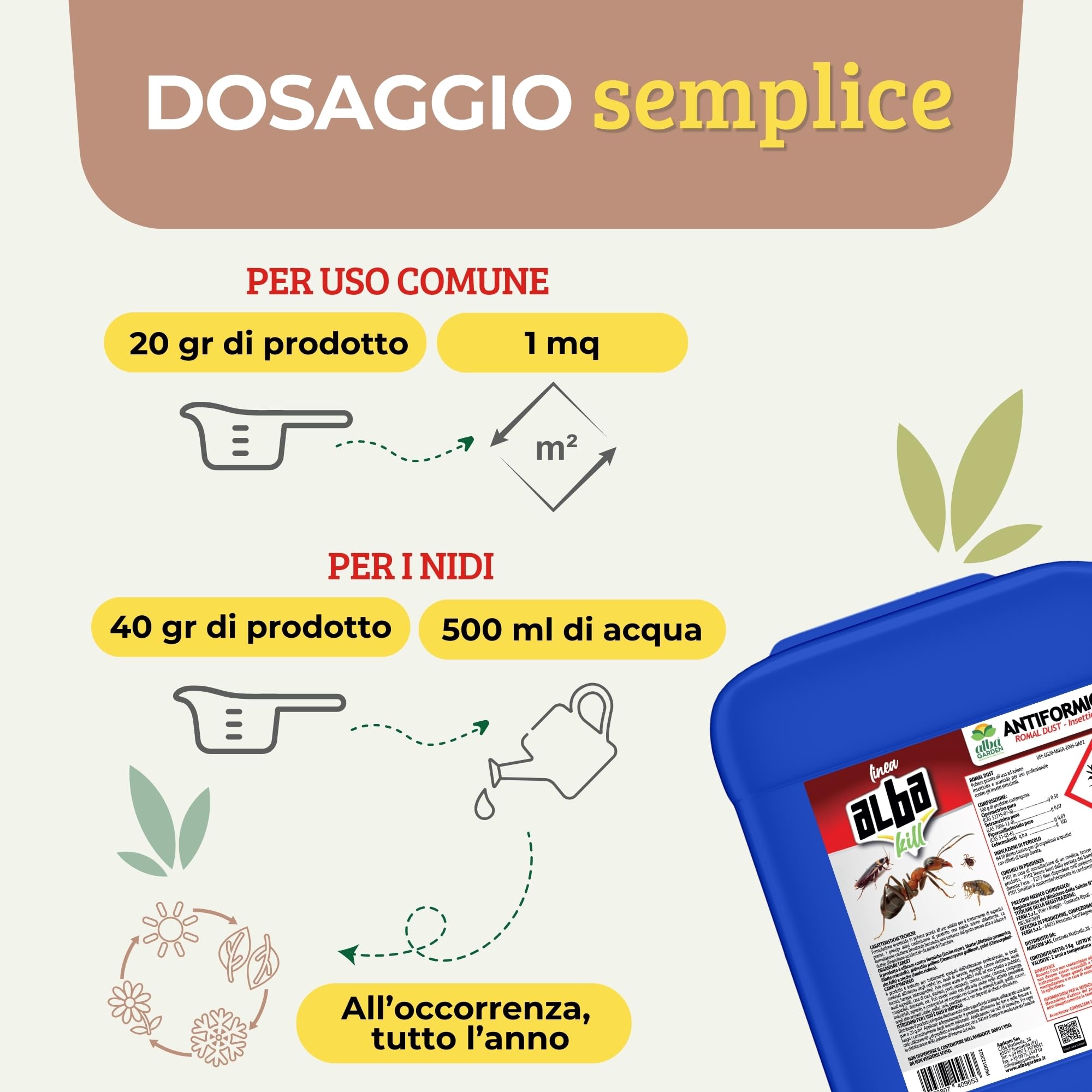 Albagarden - Insetticida Formiche 5 Kg - Veleno In Polvere Bagnabile per tutti gli Ambienti Esterni e Interni Anti Formiche Scarafaggi Grillotalpa Pulci Zecche, Orto Casa e Giardino