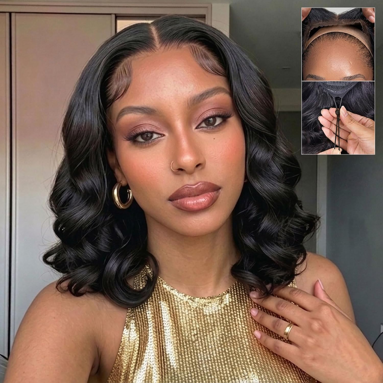 Glueless Drawstring Body Wave Bob Wig Human Hair 7x5 HD Lace Closure Wig Pre Plucked Pre Bleached Pre Cut Wear and Go Wigs for Black Women Pre Everything 200 Density 14 Inch Body Wave Bob