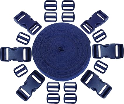 HARSKIYER 1 Inch Buckles and Straps Set, 11 Yards Nylon Webbing, 6 Pcs Quick Side Release Buckles with 12 Pcs Tri-Glide Sliders, Heavy Duty Dual Adjustable Snap Clips and Strap for Replacement Navy