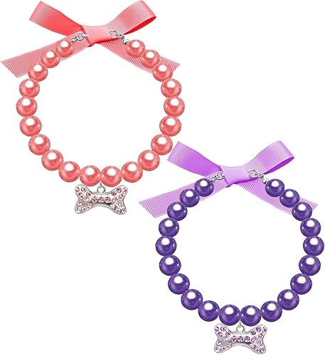 Miniatura 4 de Casidoxi 2 collares de perlas para perro y gato con hueso de diamantes de imitación joyería para gatos y cachorros perros y mascotas rosa  morado