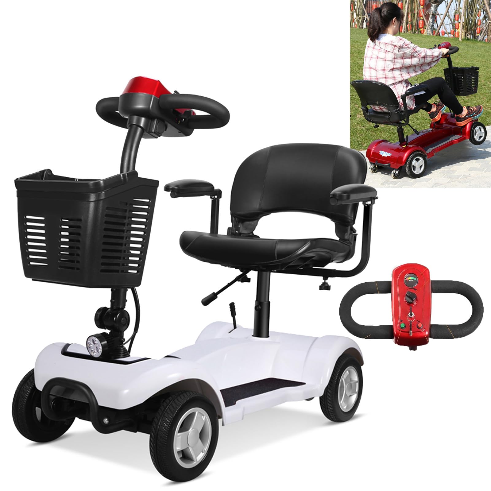 Scooter électrique 4 roues (charge 200 kg) - Siège pivotant à 360° (hauteur réglable), 8 roues + phare LED, poignée anneau + frein électromagnétique, pour personnes âgées, handicapées, adultes, blan