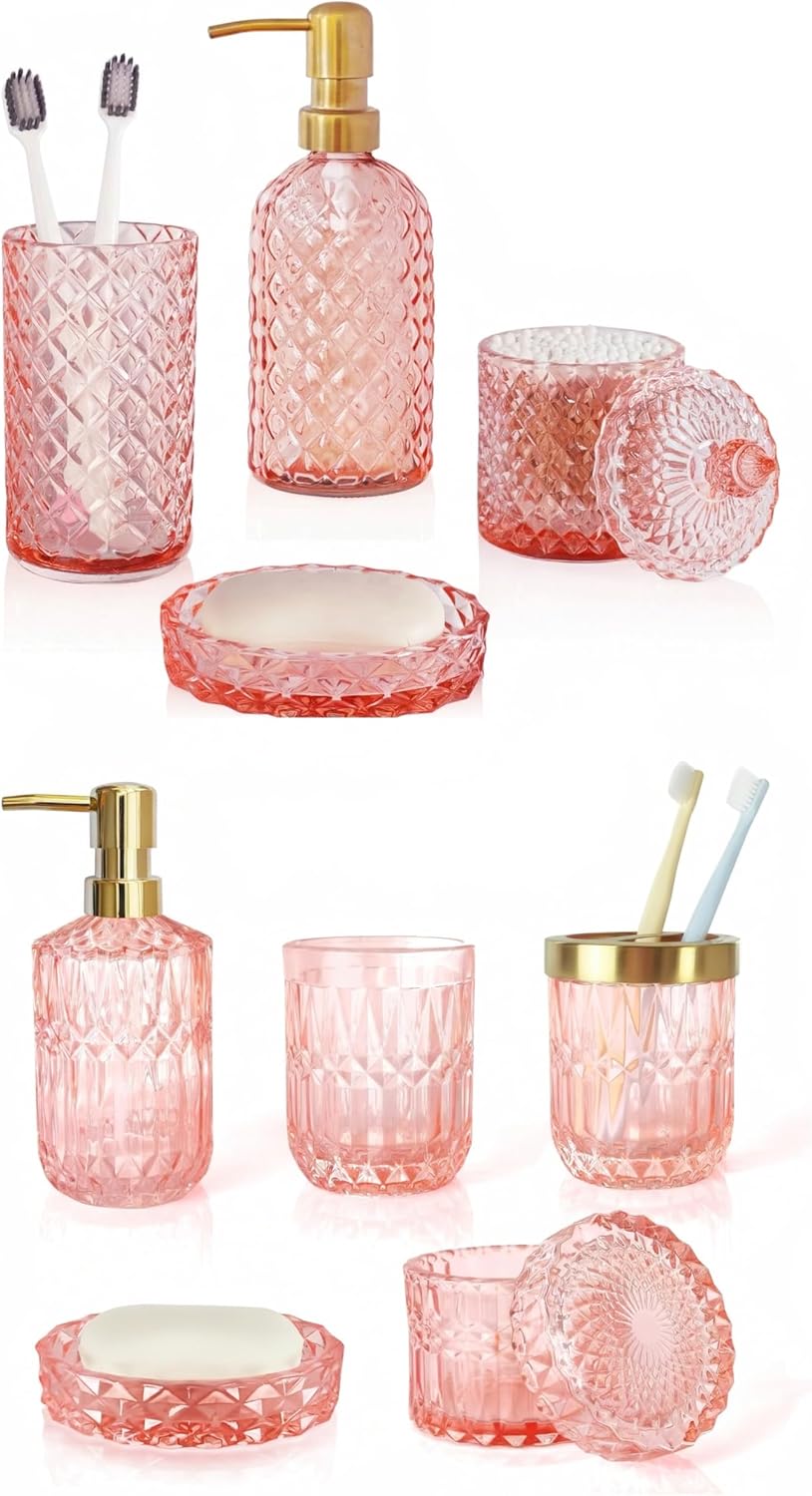 Crystal Glass Bathroom Accessories Set, 6 Pcs Light Pink Lotion Dispenser Set, Soap Dish, Toothbrush Holder, Tumbler, Cotton Swab Jars, Vintage Bathroom Decor and Crystal Glass Gift Set