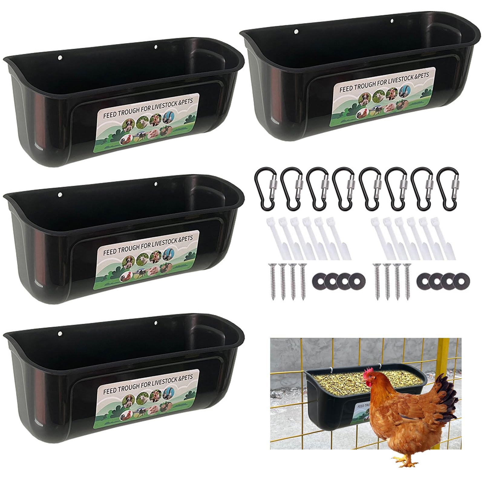 Neue große Hühnerfütterung, Zaun hängende Hühnerfütterung, große Kapazität Futtertrog Trog, Outdoor-Geflügel Futter und Wasser, Futter Hühner, Enten, Gänse, Hunde, Kühe und Schafe (4 Stück, Schwarz)