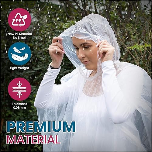 Miniatura 8 de Paquete de 20 ponchos de lluvia desechables de emergencia para adultos, 100% impermeables con capucha, impermeables unisex transparentes y ligeros