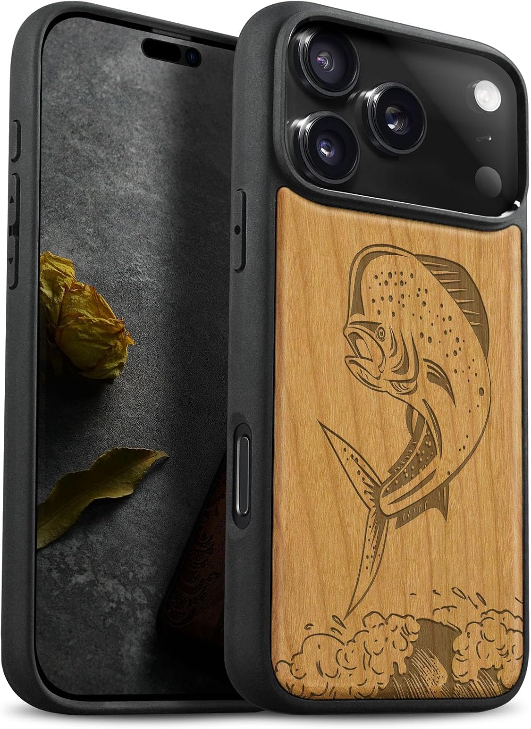 Carveit Magnetic Wooden Case for iPhone 17 Pro Max Case, Wood Artisan Engraved & Black Soft TPU Shockproof Cover, Compatible with MagSafe Wireless Chargers (Mahi Mahi) Cherry