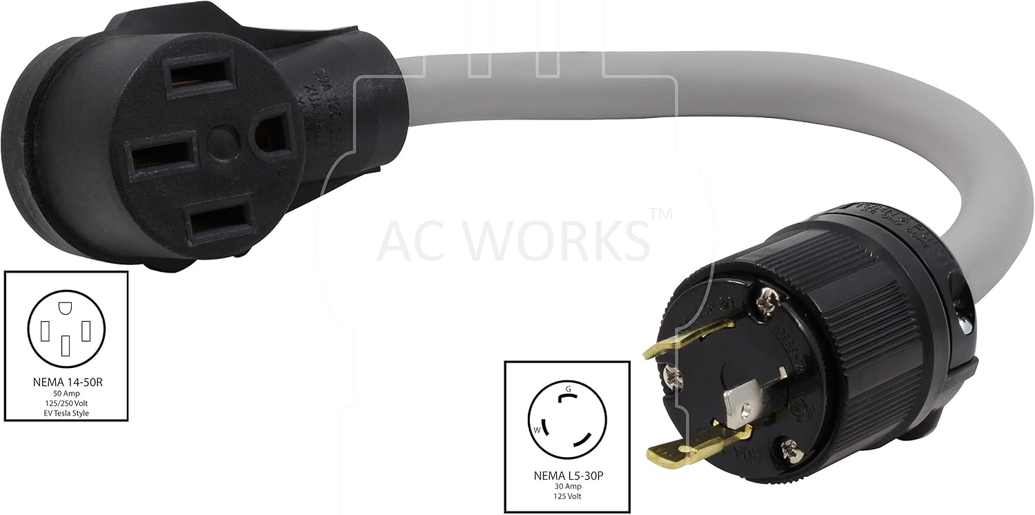 AC WORKS Electric Vehicle Charging Adapter for Tesla Use (L5-30 30A 1250V Locking to Tesla)