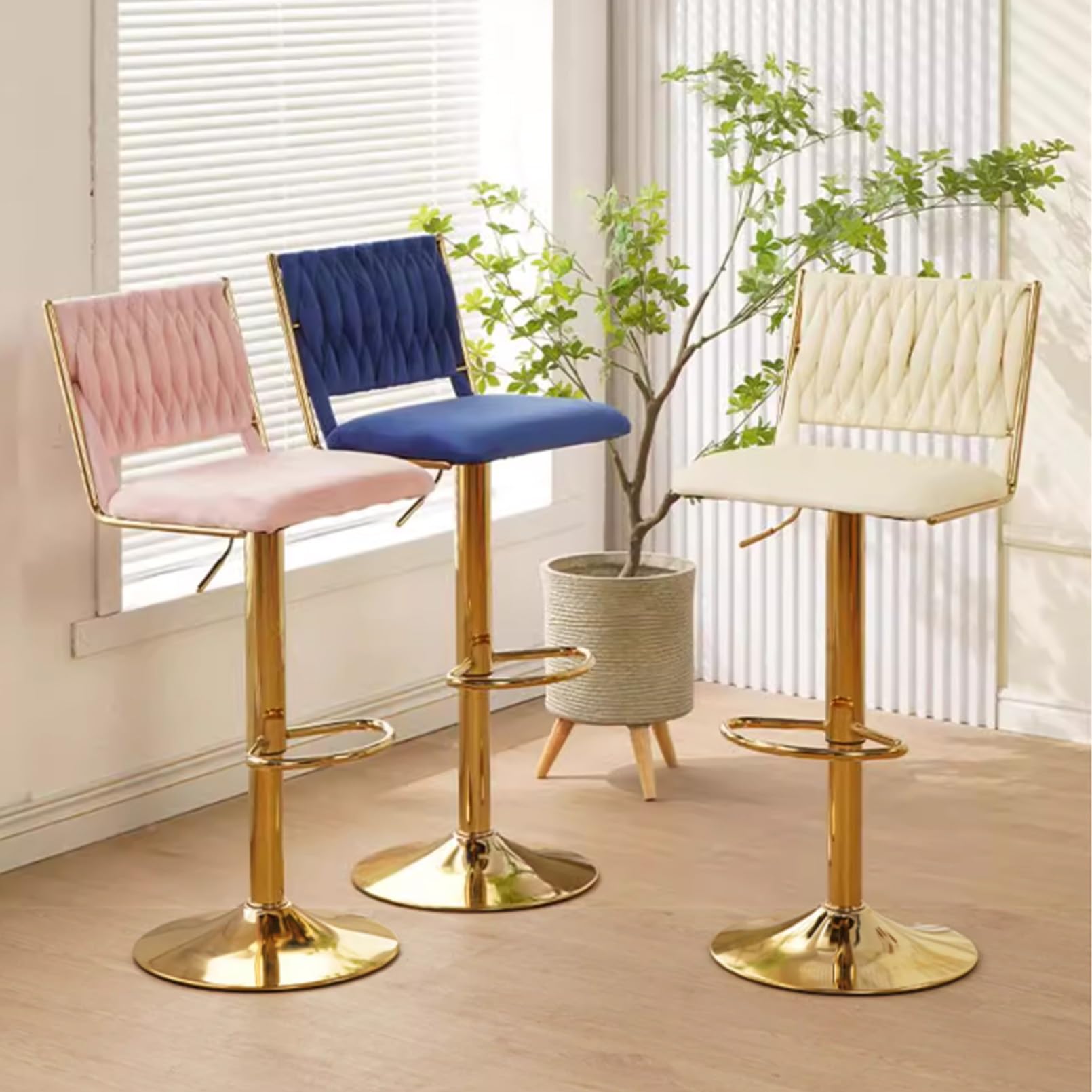 Barhocker Set 2 Stück, Höhenverstellbar 59-75cm, Drehbare Hocker mit Velours Sitz und Geflochtener Rückenlehne, Gold Metall Gestell für Kücheninsel, Bar, Esszimmer(Pink,4PCS)