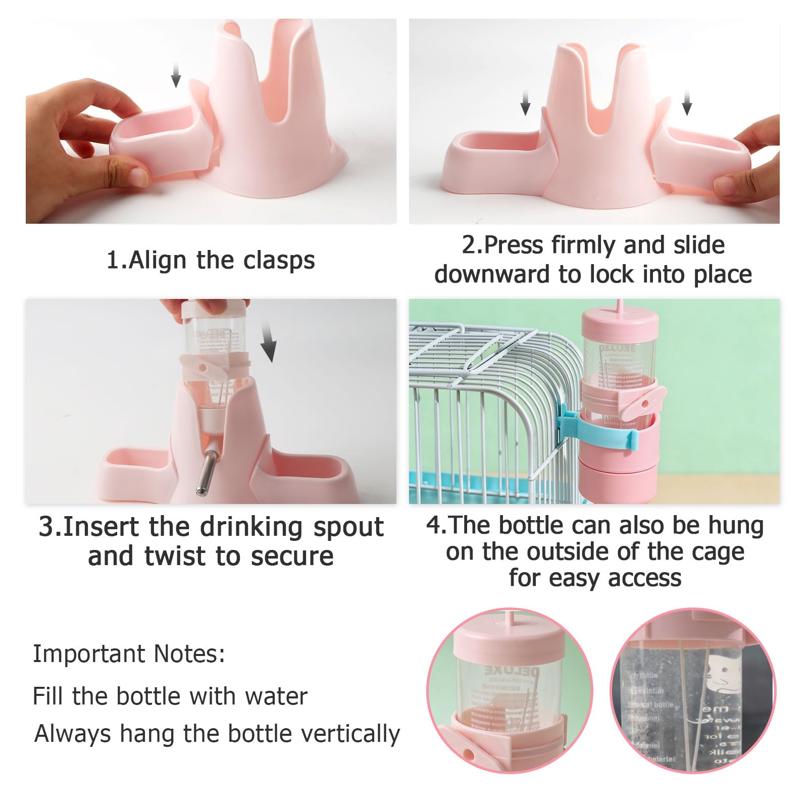 Gourde 3 en 1 pour hamster - Rose - 80 ml - Avec double gamelle et support - Pas de fuite d'eau - Distributeur d'eau automatique pour hamsters, lapins, cochons d'Inde, chinchilla