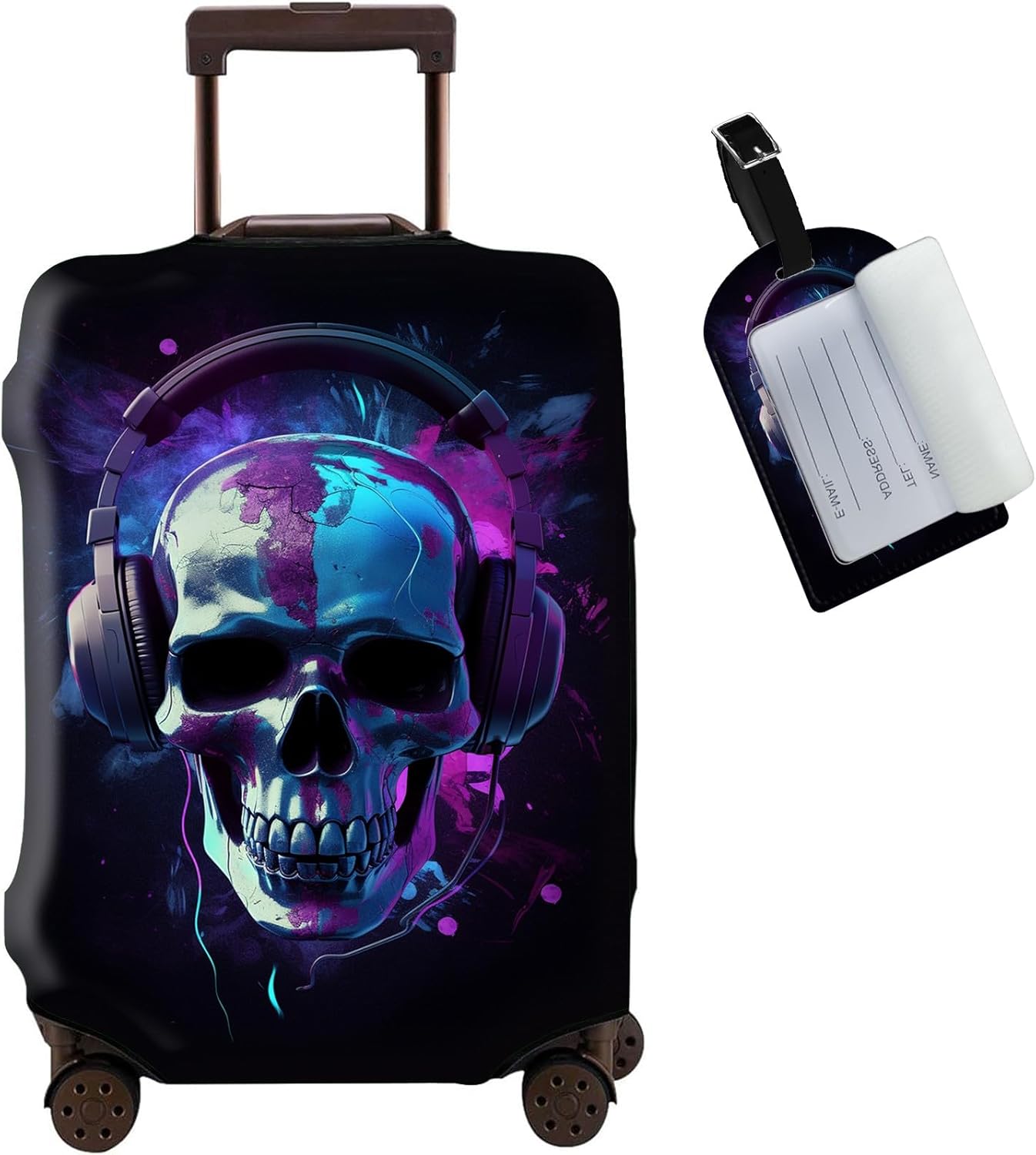 Luggage Cover + Luggage Tag, Skull in Headphones Washable Elastic Travel Suitcase Protector With Concealed Zipper for Men Women Teens Boys Girls M (22-25 Inch Suitcase)