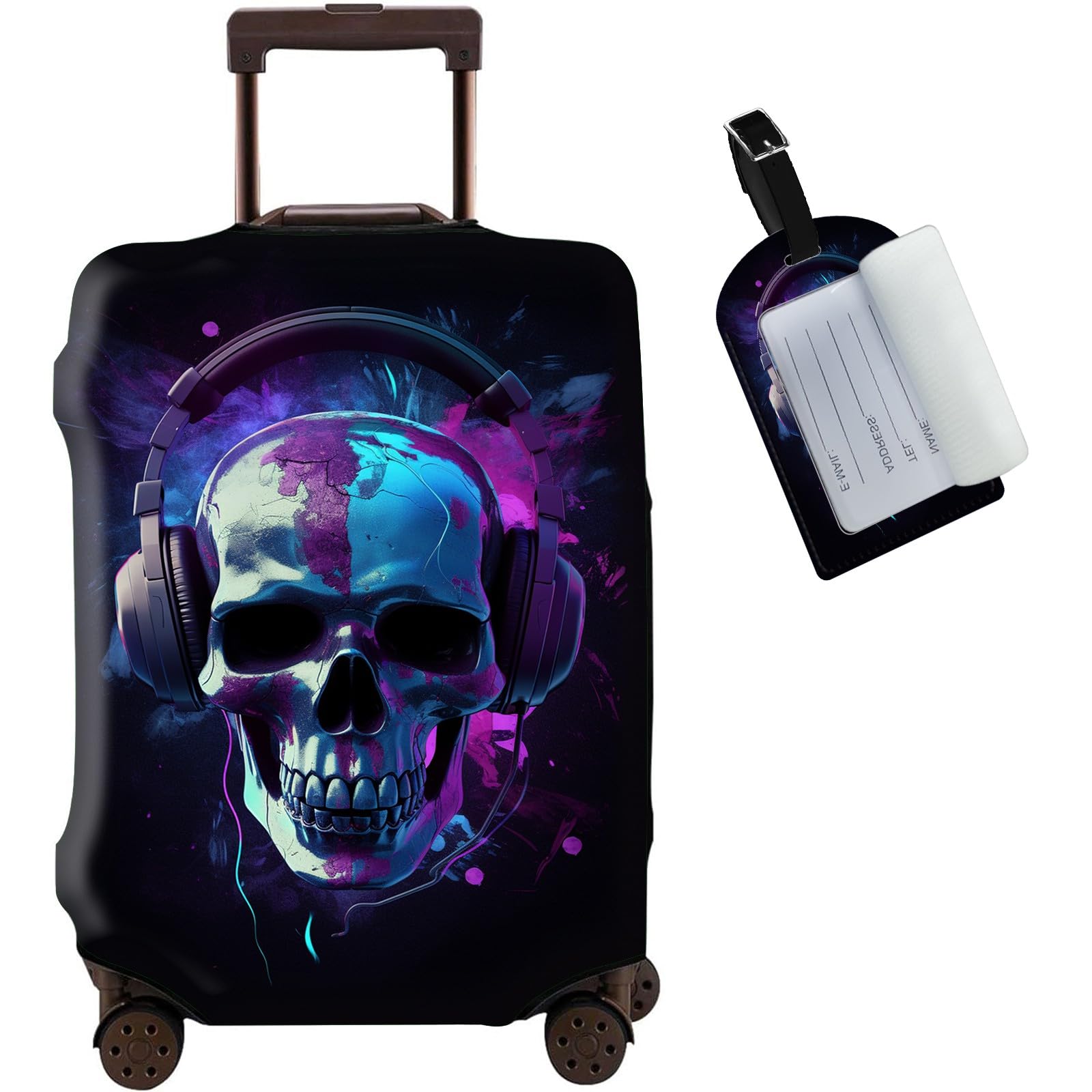 JANENFNA Luggage Cover + Luggage Tag, Skull in Headphones Washable Elastic Travel Suitcase Protector With Concealed Zipper for Men Women Teens Boys