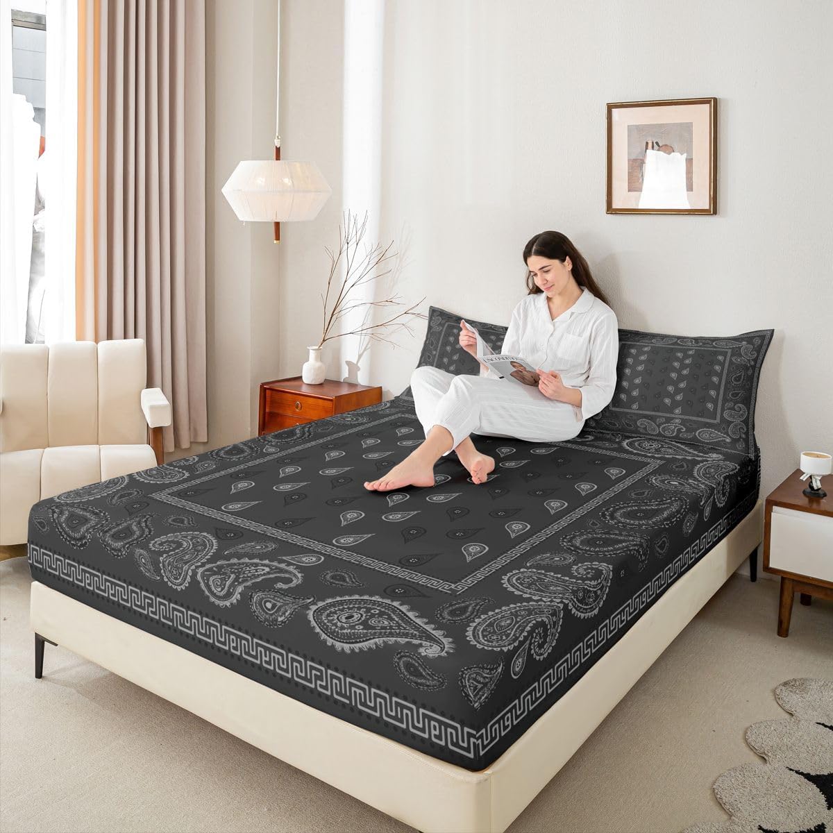 Manfei Black Bandana Fitted Sheet Queen Size,Bohemian Paisley Bandanas Bedding Set 3pcs,Boho Chic Floral Bed Sheets with 2 Pillowcases,Kids Boys Girls Room Decor,Soft Bedding(No Flat)