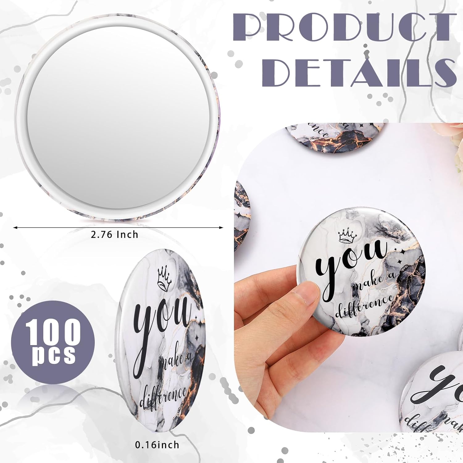 Tradder 100 Pcs 2.76 Inch Inspirational Mini Compact Mirror Bulk You Make a Difference Makeup Pocket Purse Mirror for Women Mother's Day Quinceanera Coworker Employee Appreciation Gift (Black)