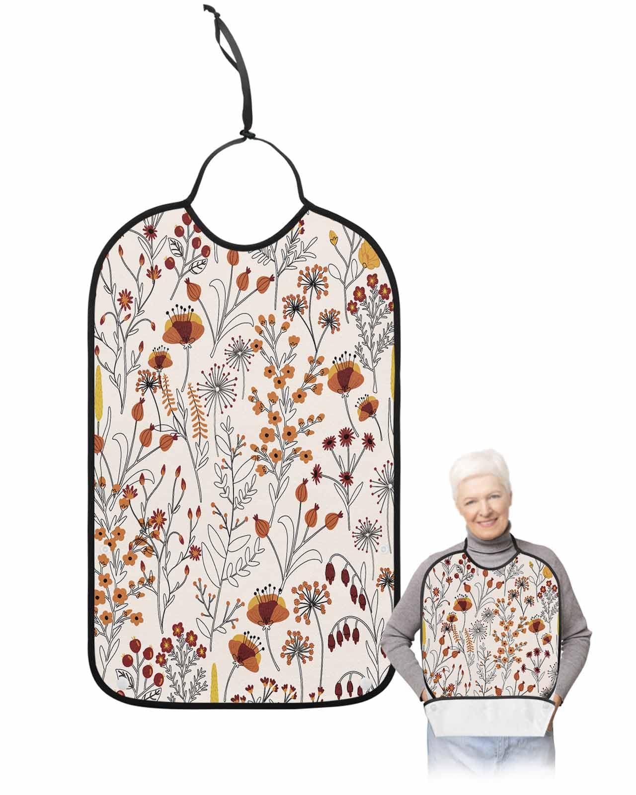 Fall Flower Leaf Adult Bib for Adults Men, Women, Botanical Plant Fruits Brown Pink Washable & Adjustable Terry Cloth Bib with Crumb Catcher Reusable Waterproof Clothing Clothes Protector Apron
