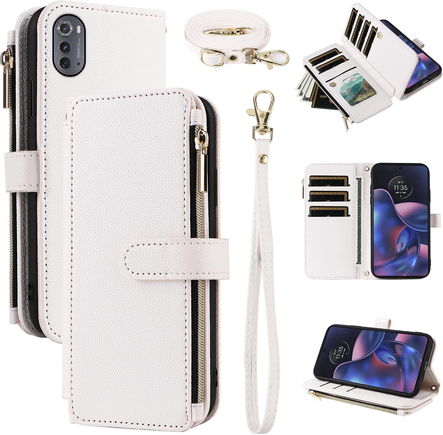 Wallet Case for Motorola Moto G Stylus 5G 2025 with Wrist Strap, Shoulder Strap 10+ Card Holder Luxury PU Leather Flip Stand Zipper Purse Cell Shockproof Phone Cover for G5 Women Men Blue