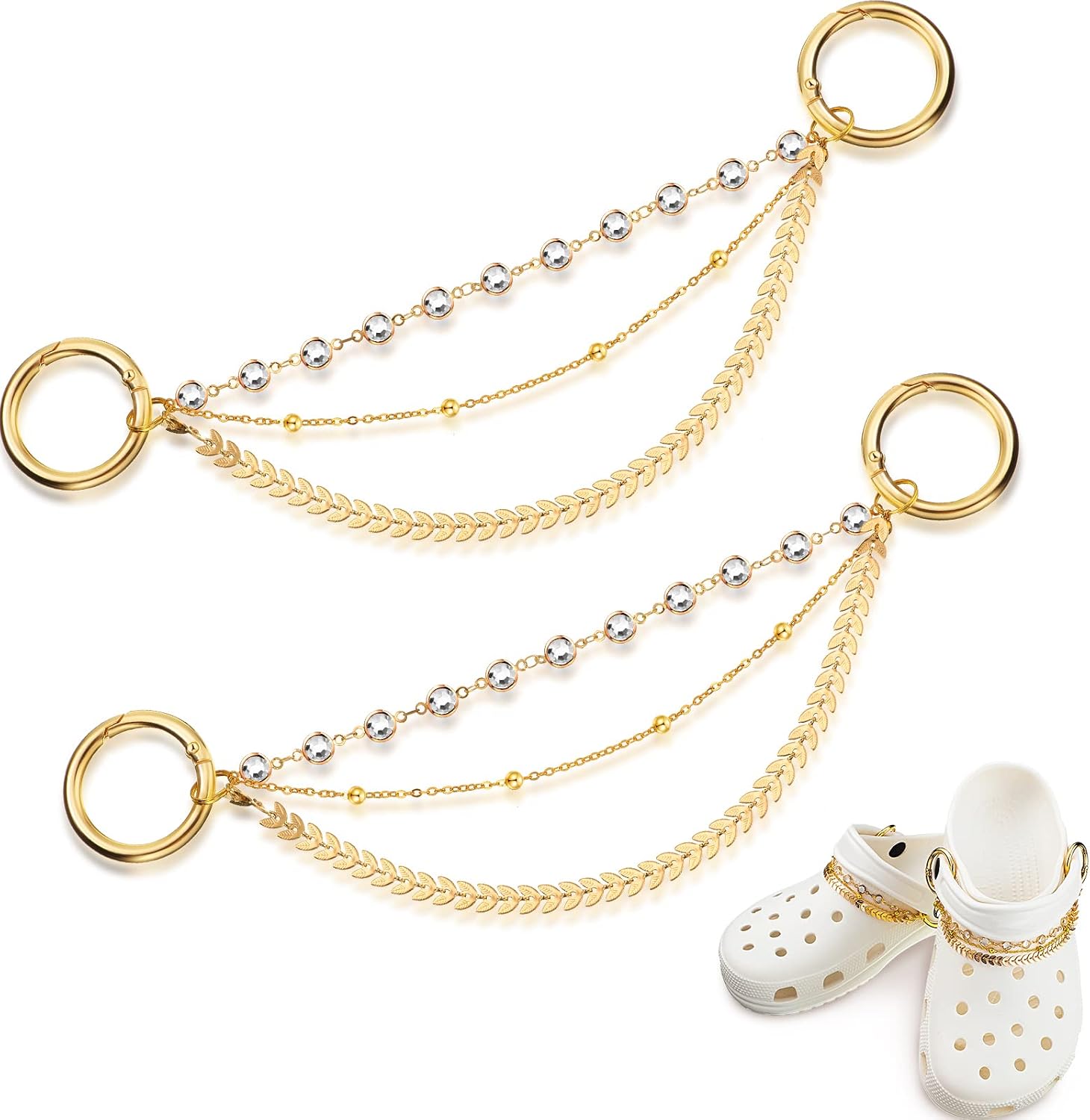 MTLEE 2 Pieces Shoe Chain Charms for Women, Bling Chain Charms for Girls Clog Sandals, Accessories with Buckle Shiny Faux Jewelry, DIY Shoe Decoration for Party Favor