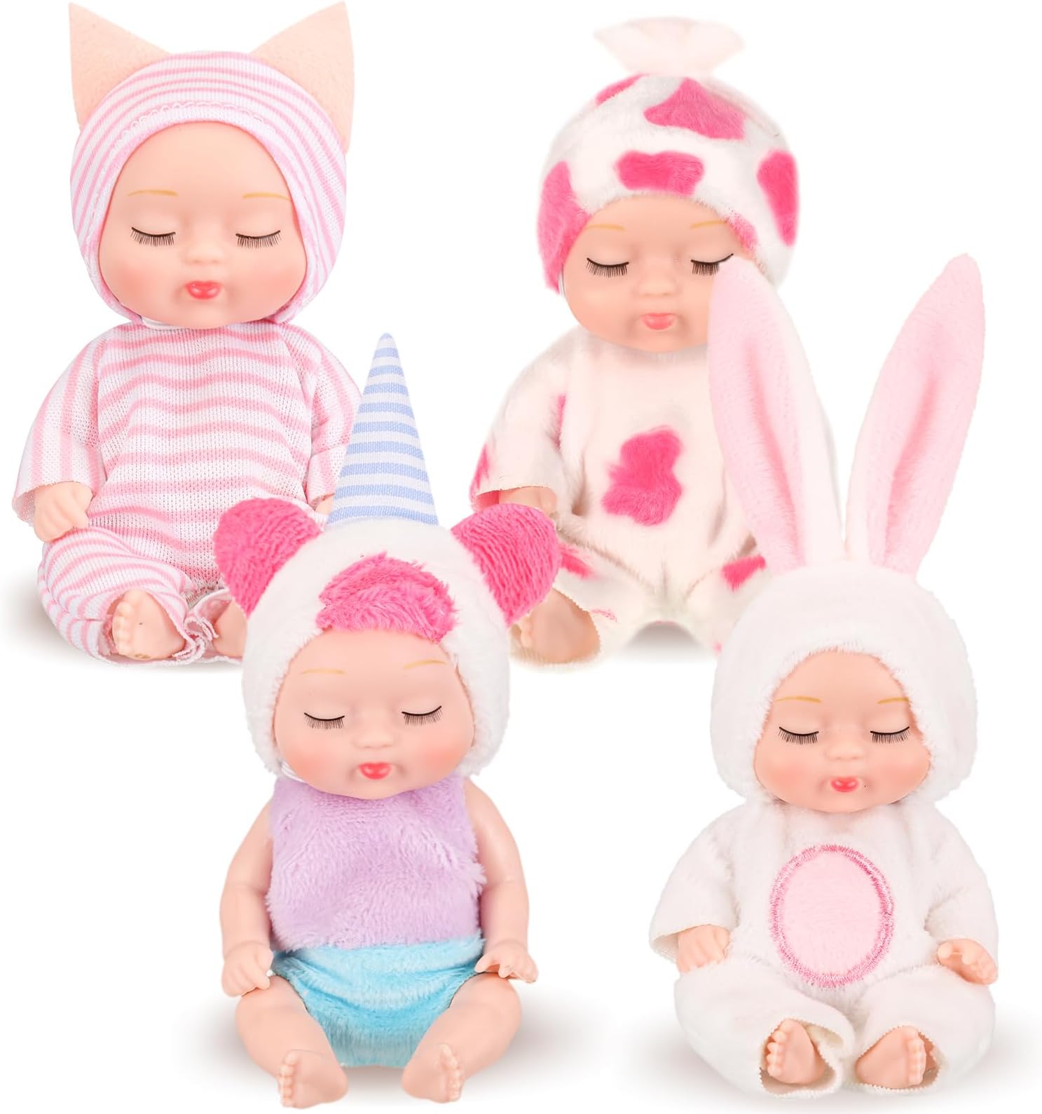4 Pcs 4 Inch Mini Baby Dolls Lifelike Realistic Baby Dolls Animal Clothes Cute Tiny Gifts for Kids Birthday Party(Lovely Style)