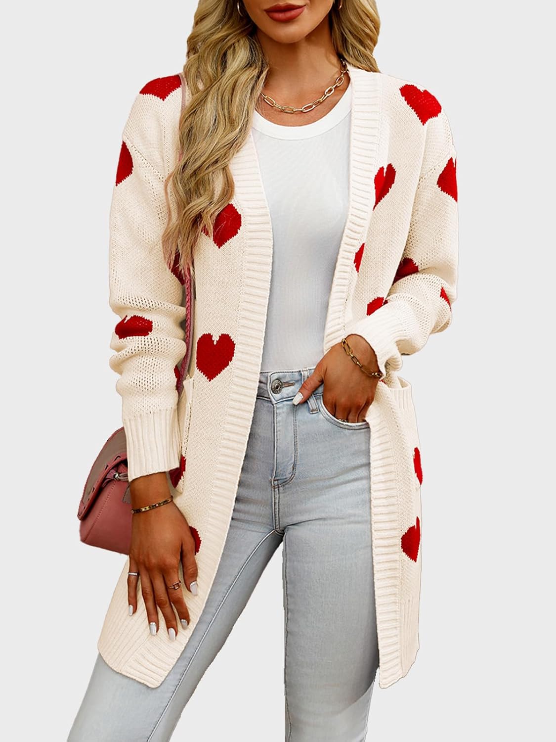 HOULENGS Women's Cute Heart Long Cardigan Sweaters V Neck Ribbed Knit Open Front Sweater Coats with Pockets - Image 3