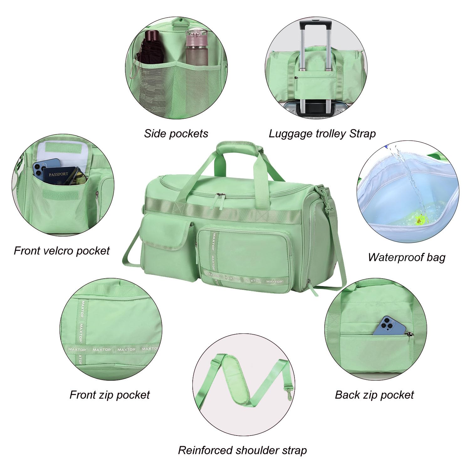 MAXTOP Reisetasche für Damen, Handgepäcktasche, Wochenendtasche, Übernachtungstasche, großes Fassungsvermögen, mit Schuhfach, Sporttasche mit Trocken- und Nass-Trennung, Matcha-Grün, Large size,