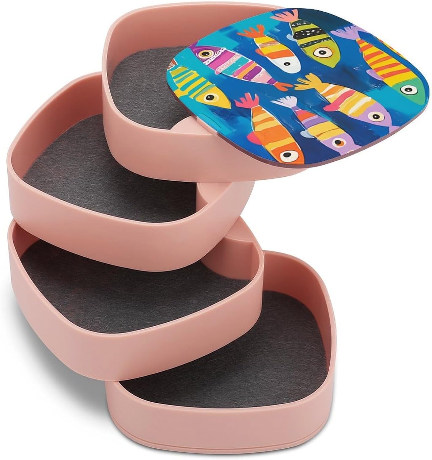 Colorful Striped Fish Rotating Jewelry Organizer Box, 4 Layer 360° Rotatable Storage Case with Mirror Dustproof ABS for Earrings Rings Necklaces