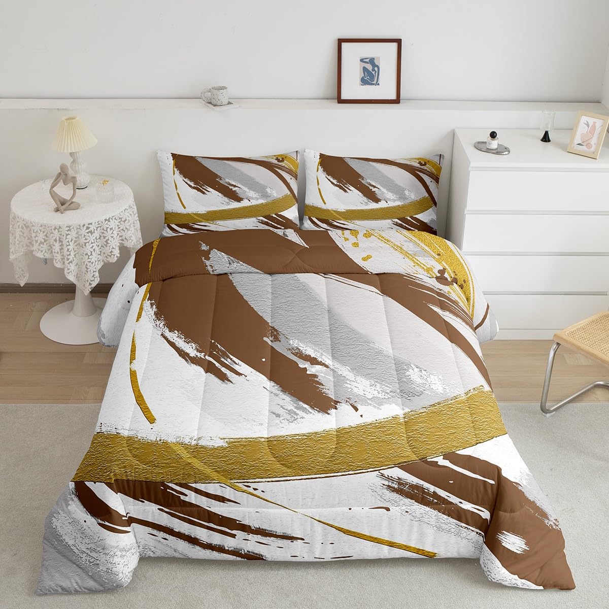 Erosebridal Grey Beige Brown King Comforter Set Brush Strokes Oil Painting Bedding Set Gradient Abstract Vintage Bedding Comforter Sets Ombre Graffiti Duvet Sets Contemporary Modern Quilted Comforter