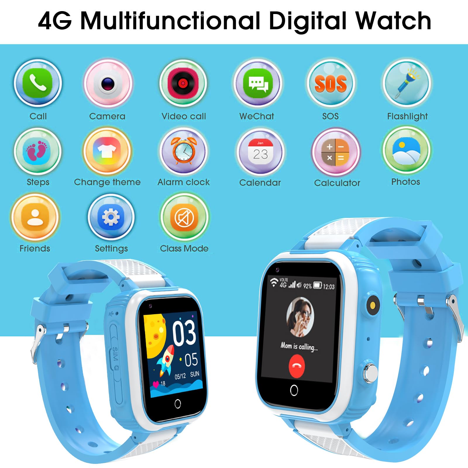 Reloj Inteligente Niño 4G, Smartwatch Niños con Videollamada Chat GPS Localizador y Llamadas SOS, Juego Cámara Despertador Impermeable Modo Clase,Regalos para Niñas Niños Azul