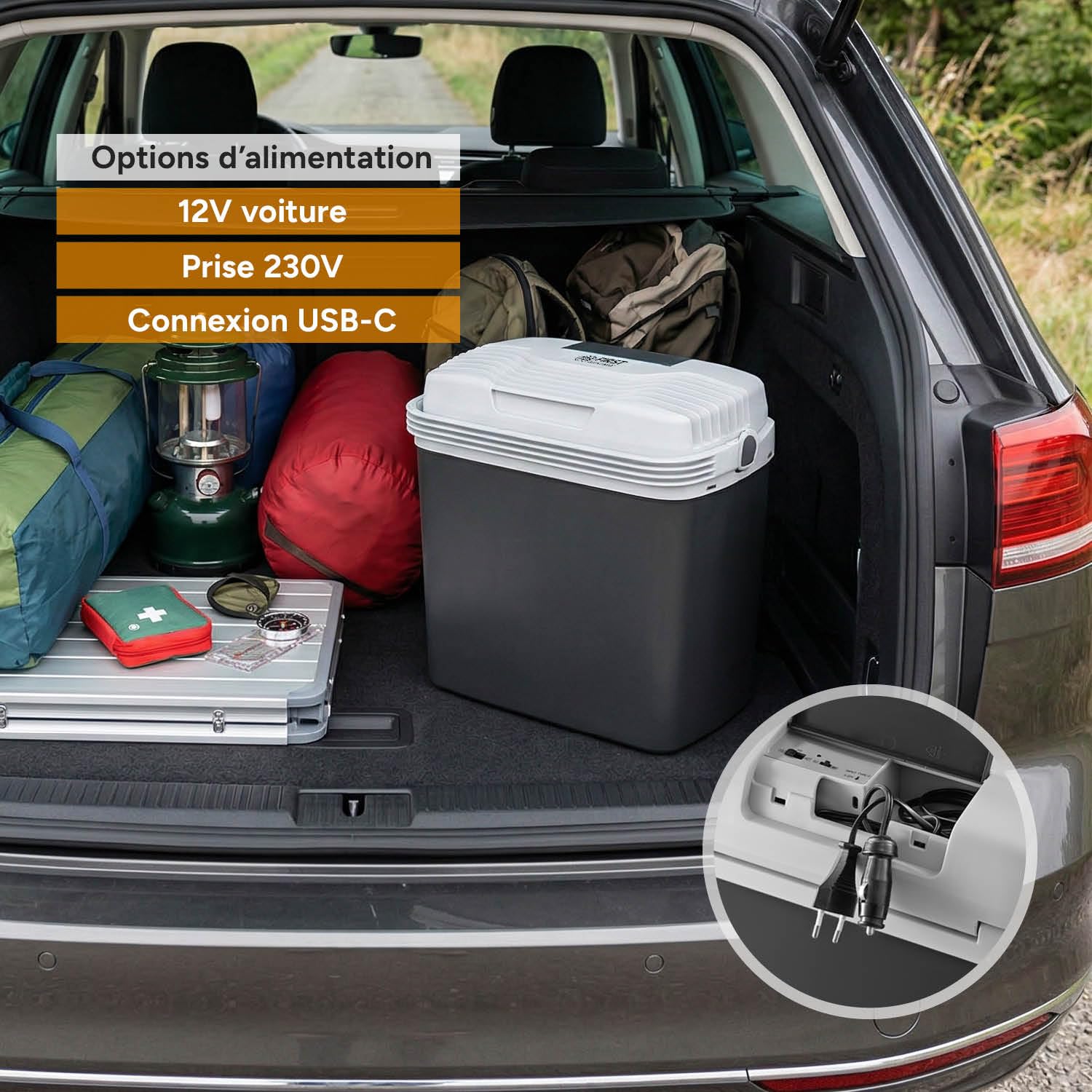 TZS First Austria - Glacière Électrique 20L - Triple Alimentation avec USB-C PD 3.0 - Refroidissement & Chauffage - 12V/230V/USB-C - Design Portable - Noir/Gris