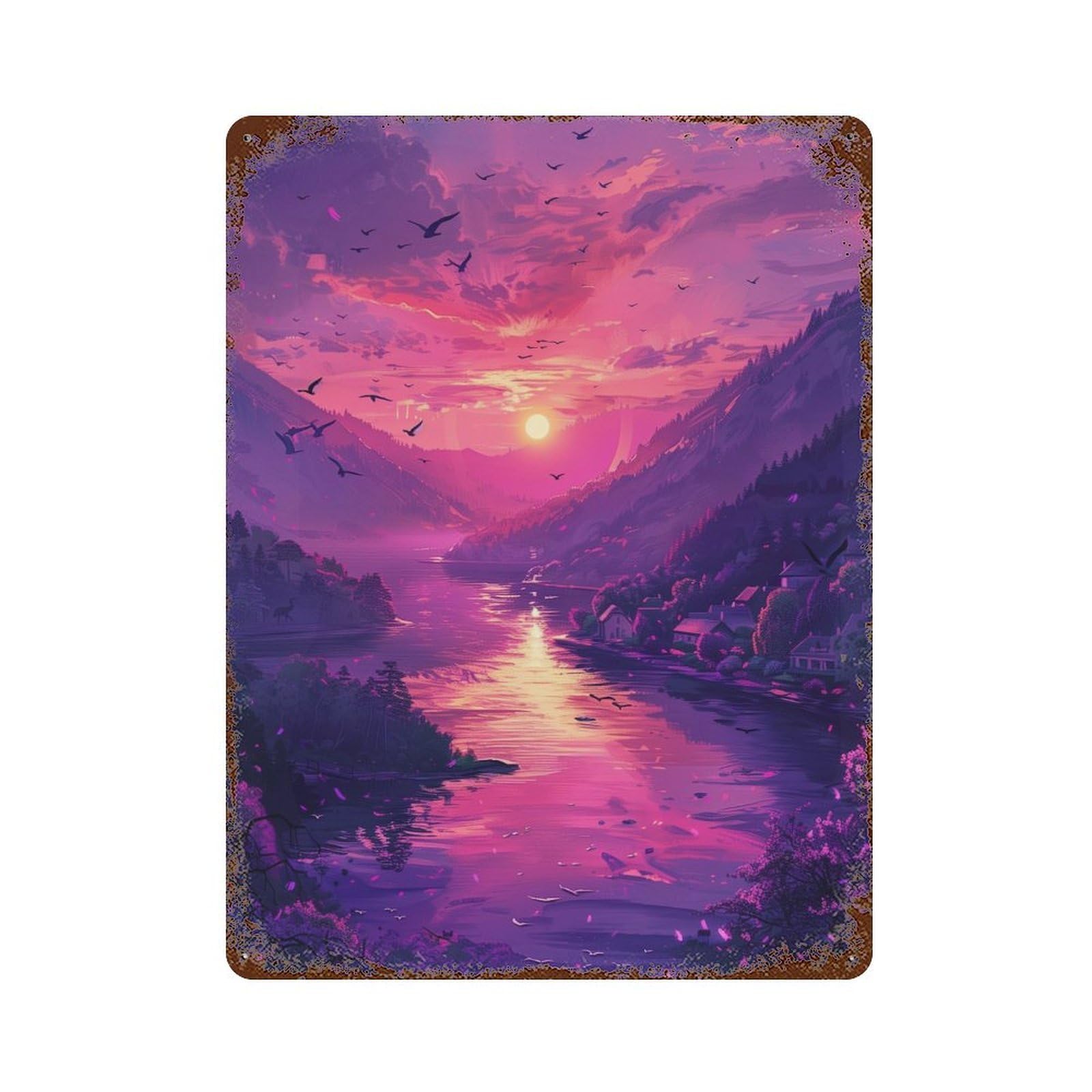 Magical Sunset Over Lake 15.7"x11.8" Rustic Tin Plaque, Retro Wall Decor for Garage, Bar And Workshop Decor