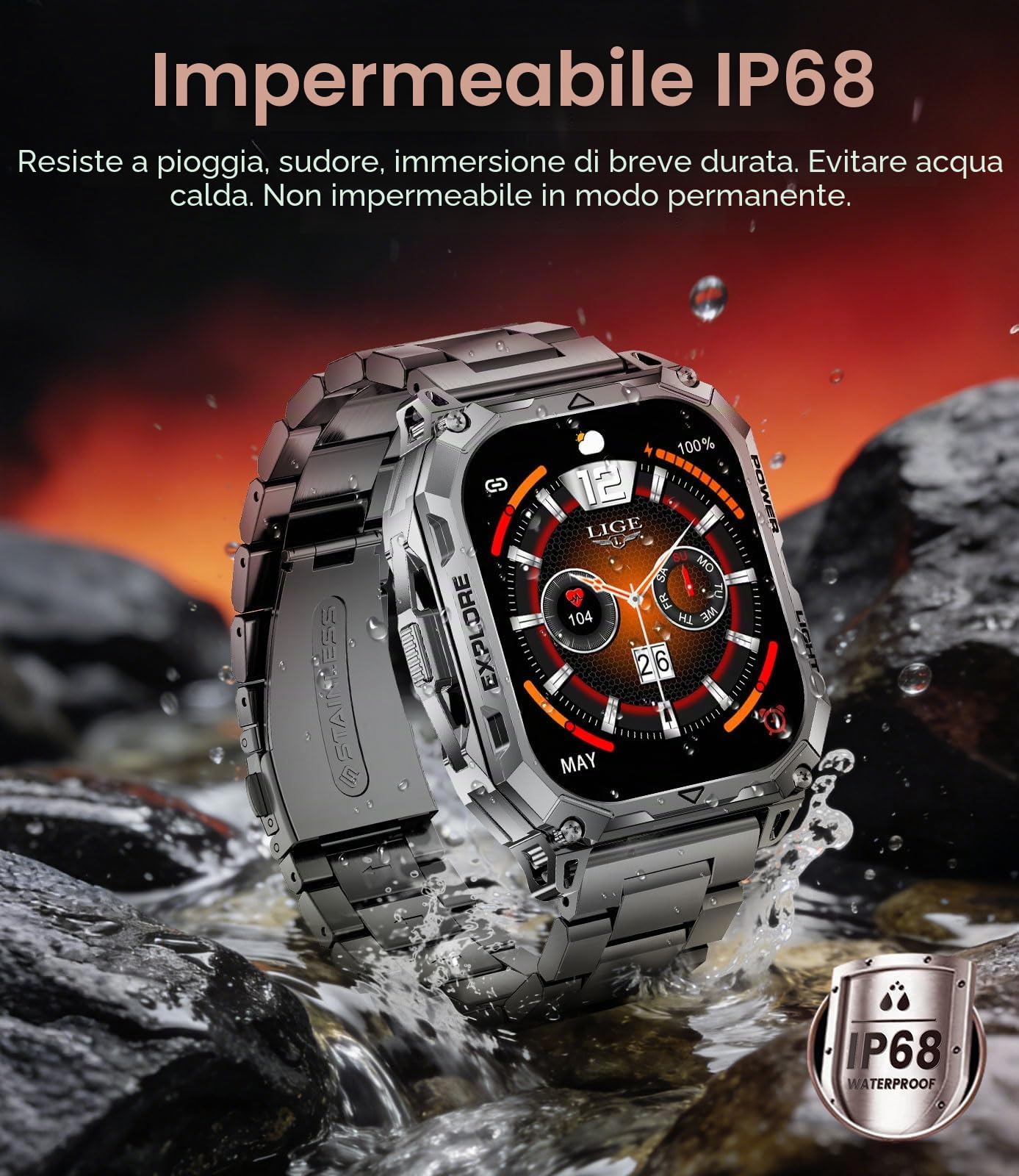 Smartwatch Uomo con Chiamate Bluetooth, 2,01" HD Display, LED Torcia, 900 mAh, Frequenza Cardiaca/Sonno, Fitness Tracker, 100+ Modalità Sportive, IP68, Compatibile con Android e iOS, Nero-Arancione