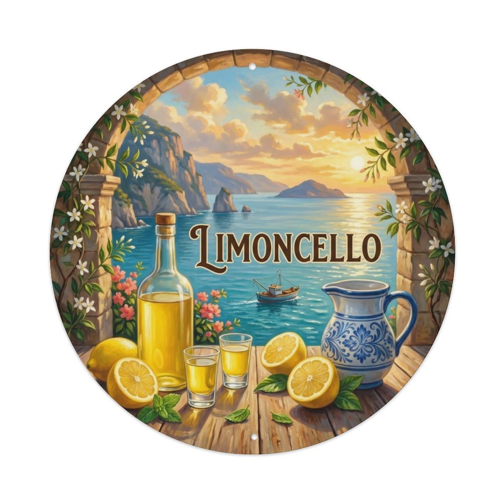 Fqcyn Style Coastal Limoncello View Metal Tin Sign Plaque Wall Decor For Cafe, Club Bar, Office, Home Garden Round Metal Poster 8X8inch