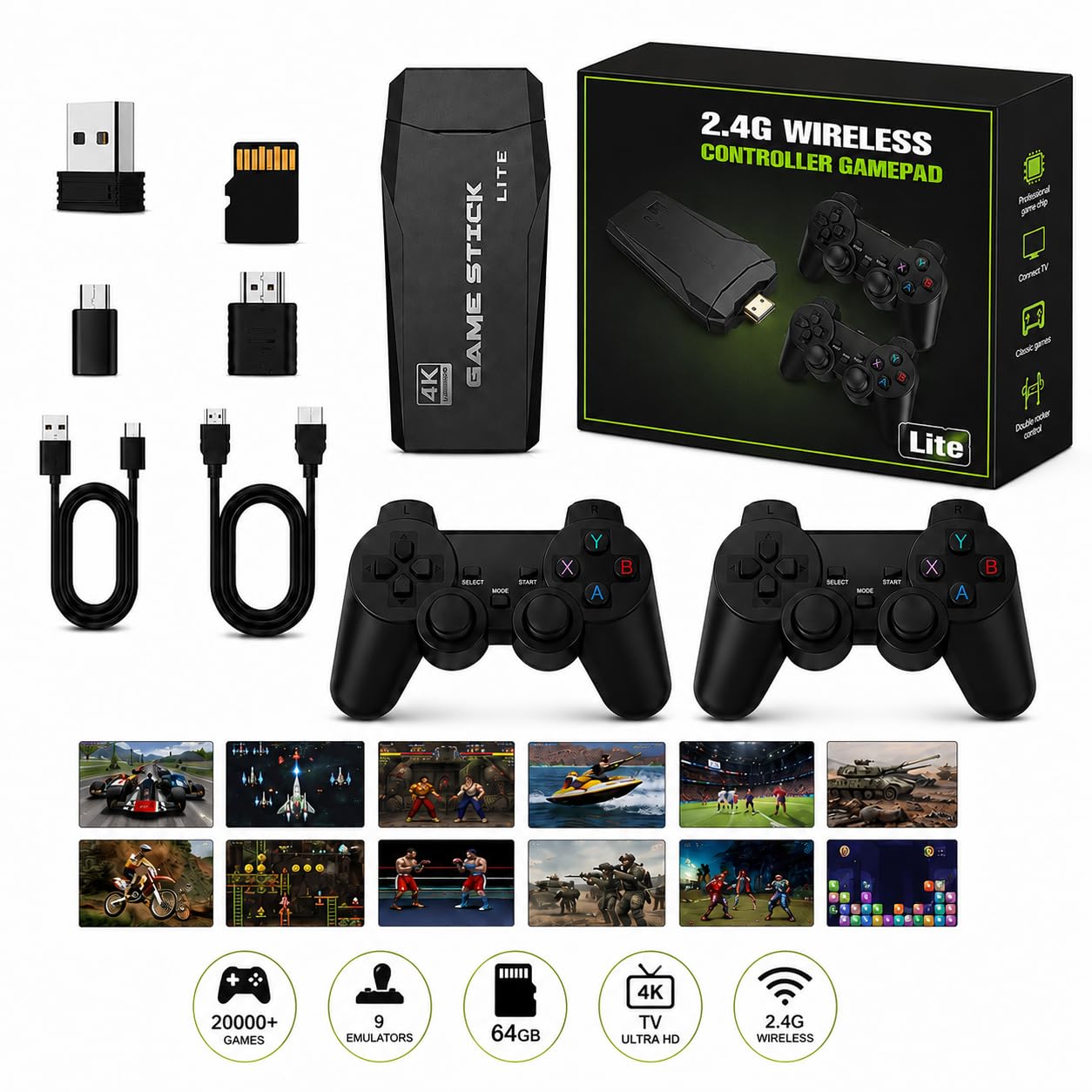 Consola de Juegos Retro Inalámbrica, 2026 Nueva Versión, Dongle HDMI 4K, 9 Emuladores Incorporados, 20000+ Juegos Preinstalados, Set con 2 Mandos Negros，128G 40000Games