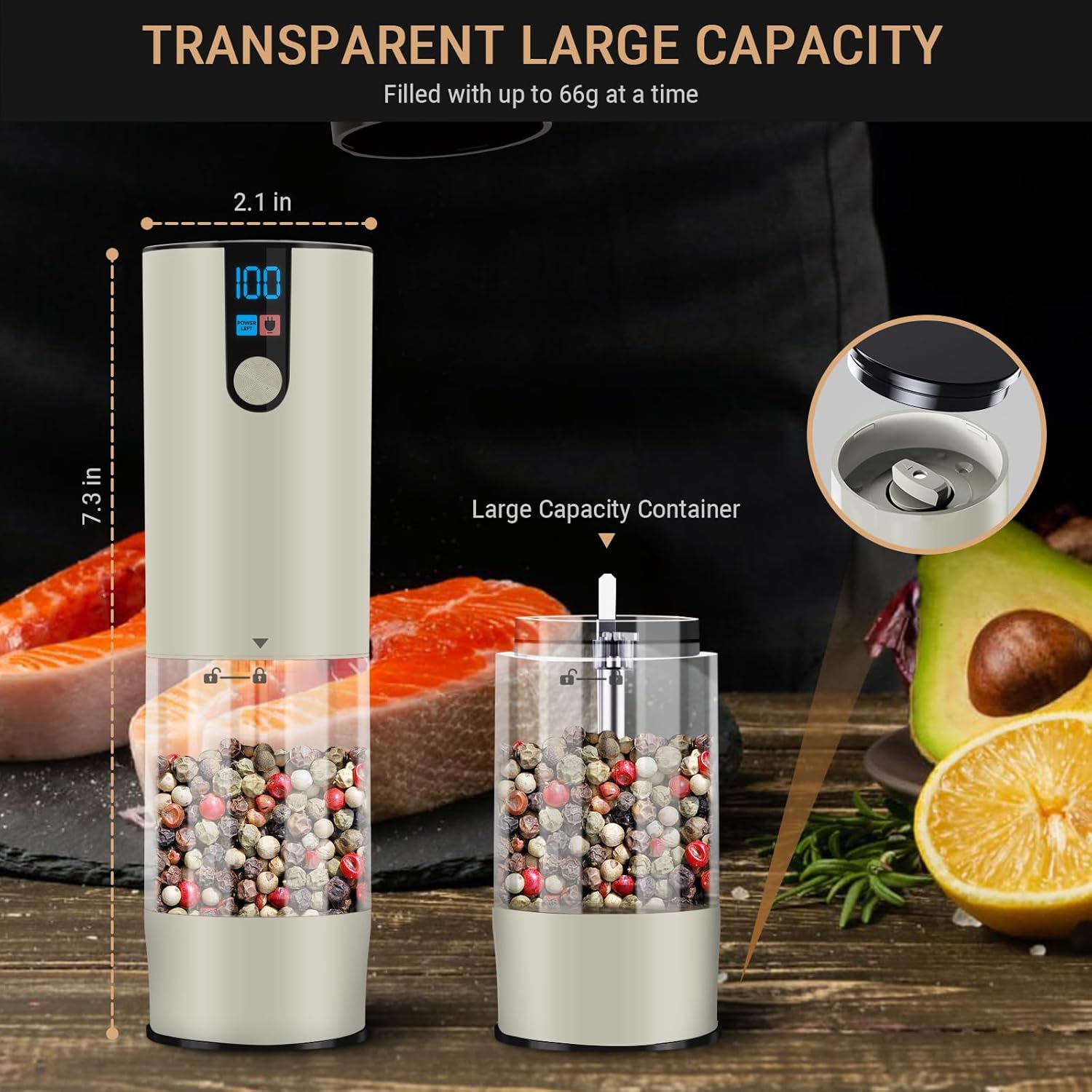 Electric Salt and Pepper Grinder Set, USB Rechargeable, Automatic Salt Pepper Mill Grinder Adjustable Coarseness with LED-Display, 120ml Container, One-Button Control, Suitable for kitchen, restaurant