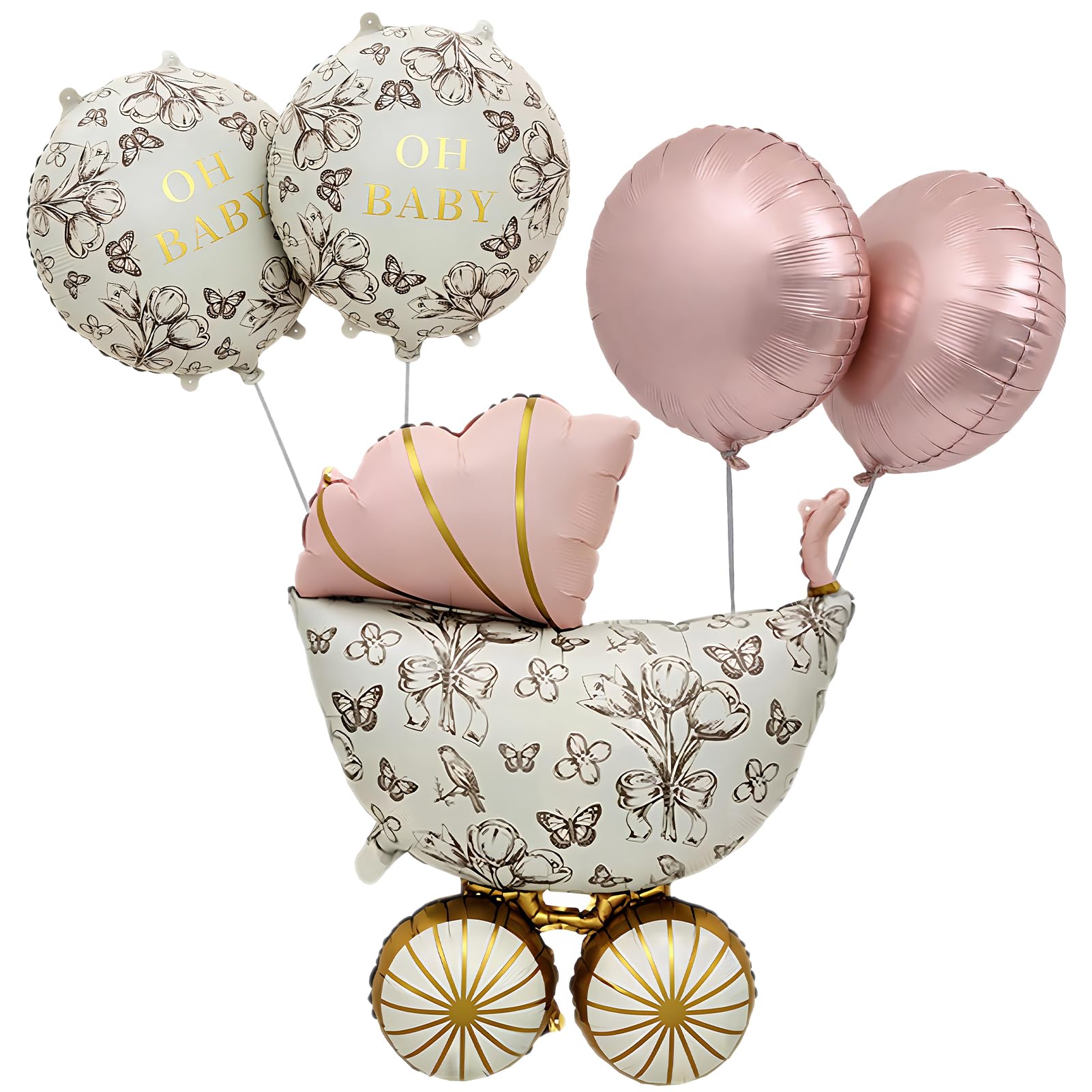5 Stück Deko Babyparty Mädchen, Vintage Babywagen Ballon, Oh Baby Deko, Rosa Gold Baby Shower deko, Babyparty Luftballons für Geschlecht Offenbarung Party, Kinderzimmer Party Dekoration