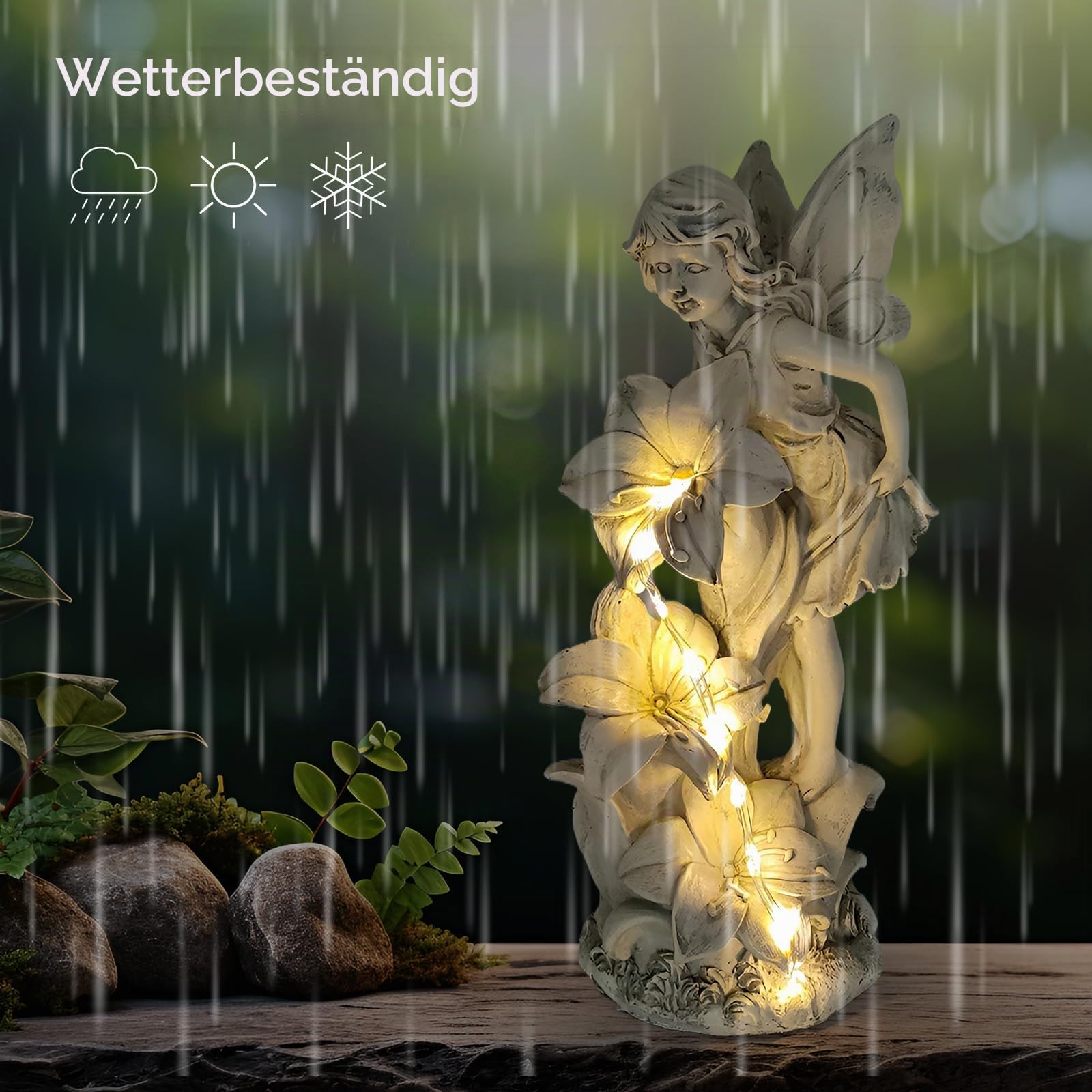 Gartendeko Fee Deko,36 LED Wasserdichte Dschinn Solar Licht,Harz Elfen Gartenstatue,Draußen Wetterfest Gartenfiguren Blumenfee Solar Figur,Fee Engel Skulptur für Rasen,Hof,Terrasse,Fensterbank