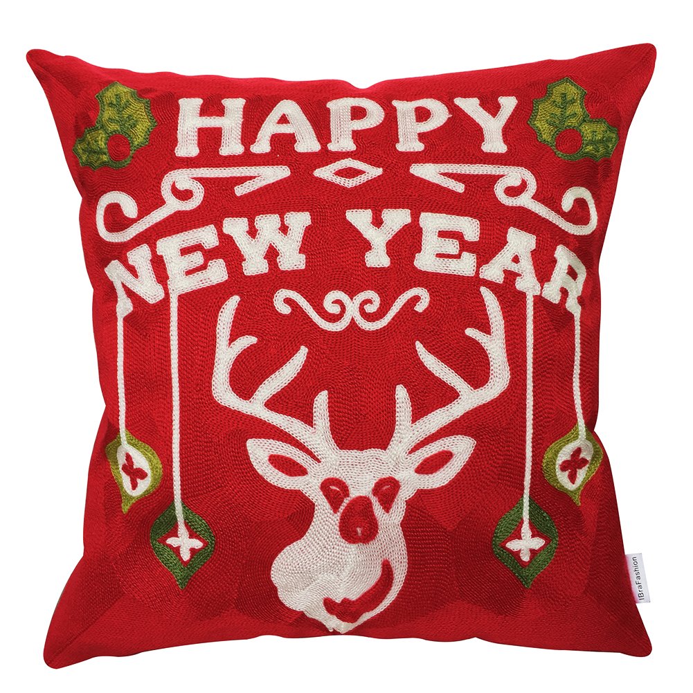 IBraFashion Christmas New Year Decorative Throw Pillow Cover 18x18 Winter Snowflake Theme Full Embroidery Square Happy New Year