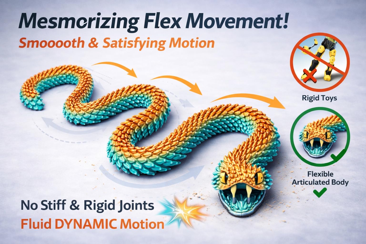 Articulated Crystal Snake – 3D Printed Flexible Snake Figurine, 58 cm (23 in) Poseable Serpent with Movable Mouth, Realistic Eyes, Fantasy Desk Decor (Rainbow) - 5