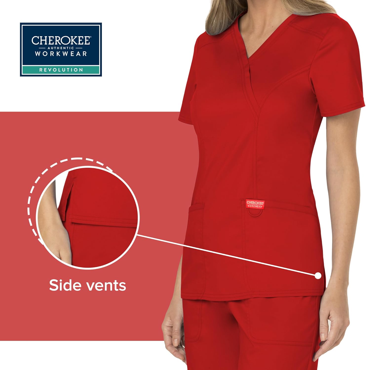 Cherokee Scrubs for Women Mock Wrap Top with 3 Pocket, Back Princess Seams WW610 X-Small Red