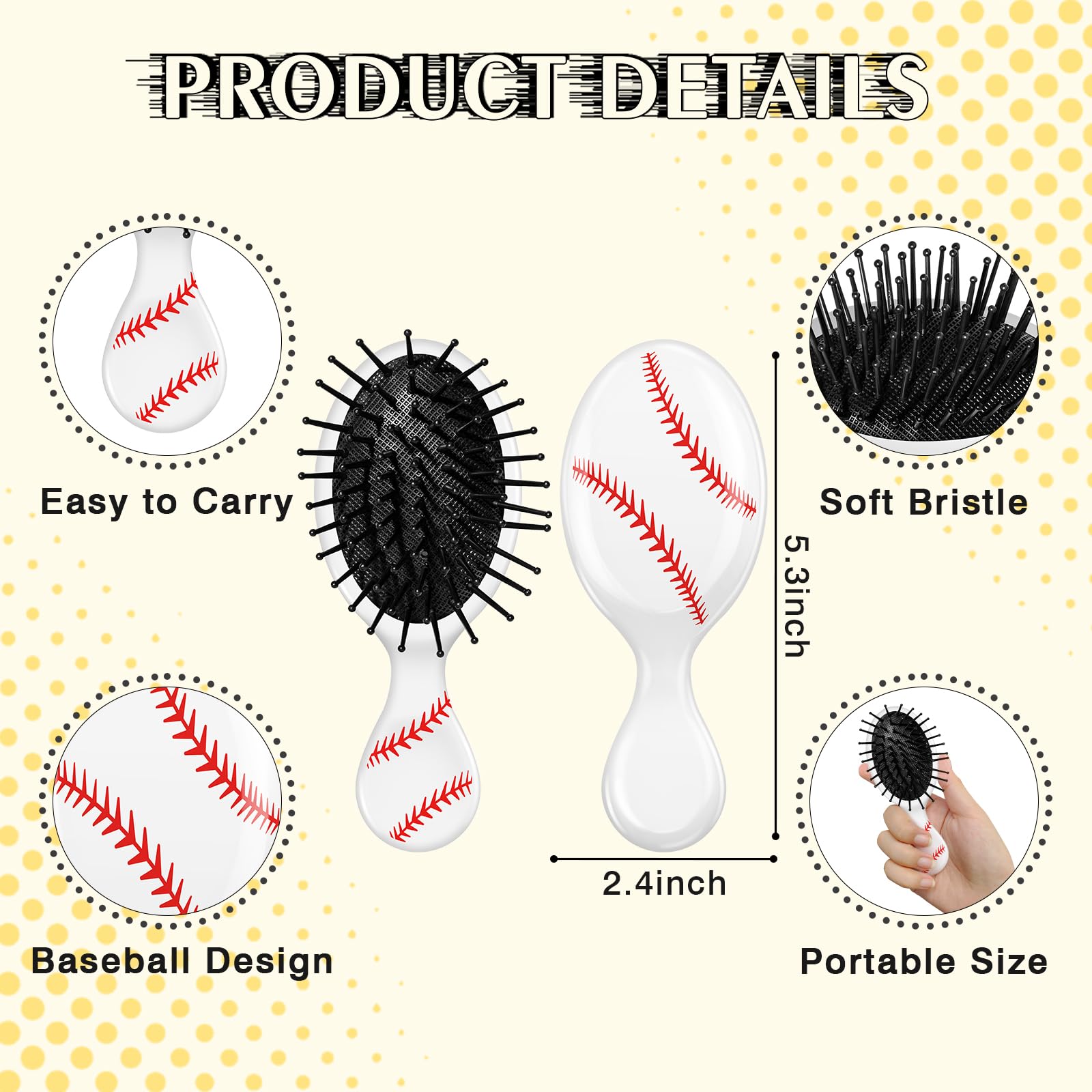 Baseball-Mini-Entwirrungsbürste, Mini-Reise-Haarbürste, Kunststoff-Entwirrungsbürste, kein Verheddern, weiche, flexible Borsten für glattes, lockiges, dickes Haar, für Baseball, Teamgeschenk, Sport