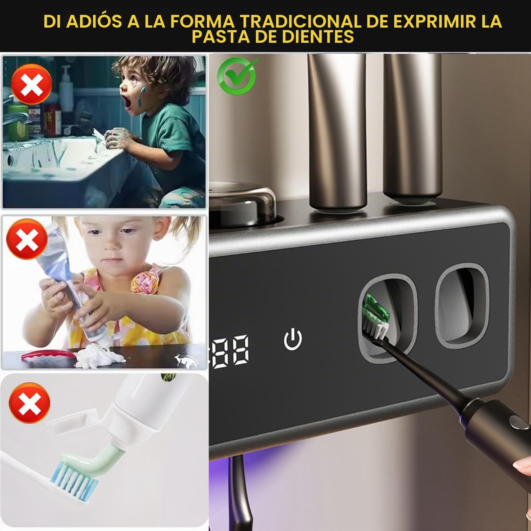Soporte Inteligente para Cepillo de Dientes con esterilización UV, dispensador automático de Pasta de Dientes y función de Secado, montado en la Pared (Negro)