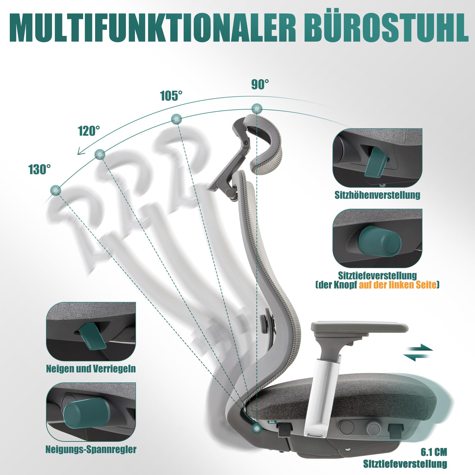 COLAMY XK Atlas Ergonomischer Netz-Bürostuhl, Chefsessel mit hoher Rückenlehne, Verstellbarer Kopfstütze und 4D-Armen, Schiebesitz, Kippsperre, Aluminium-Basis, Dunkelgrau