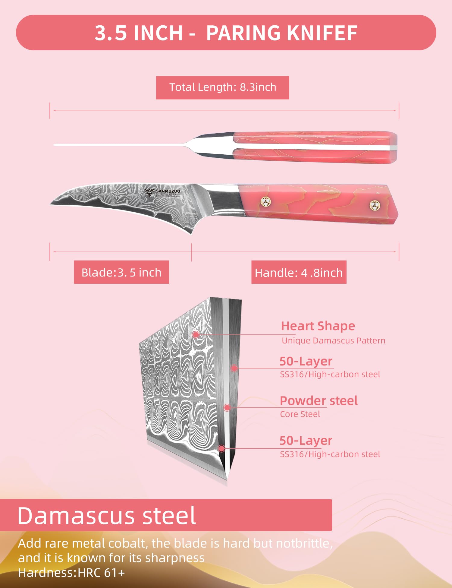 Coltello da cucina a becco d'uccello da 9 CM, coltello da cucina professionale per sbucciare, acciaio in polvere di Damasco ultra affilato con impugnatura in resina, serie Sheng