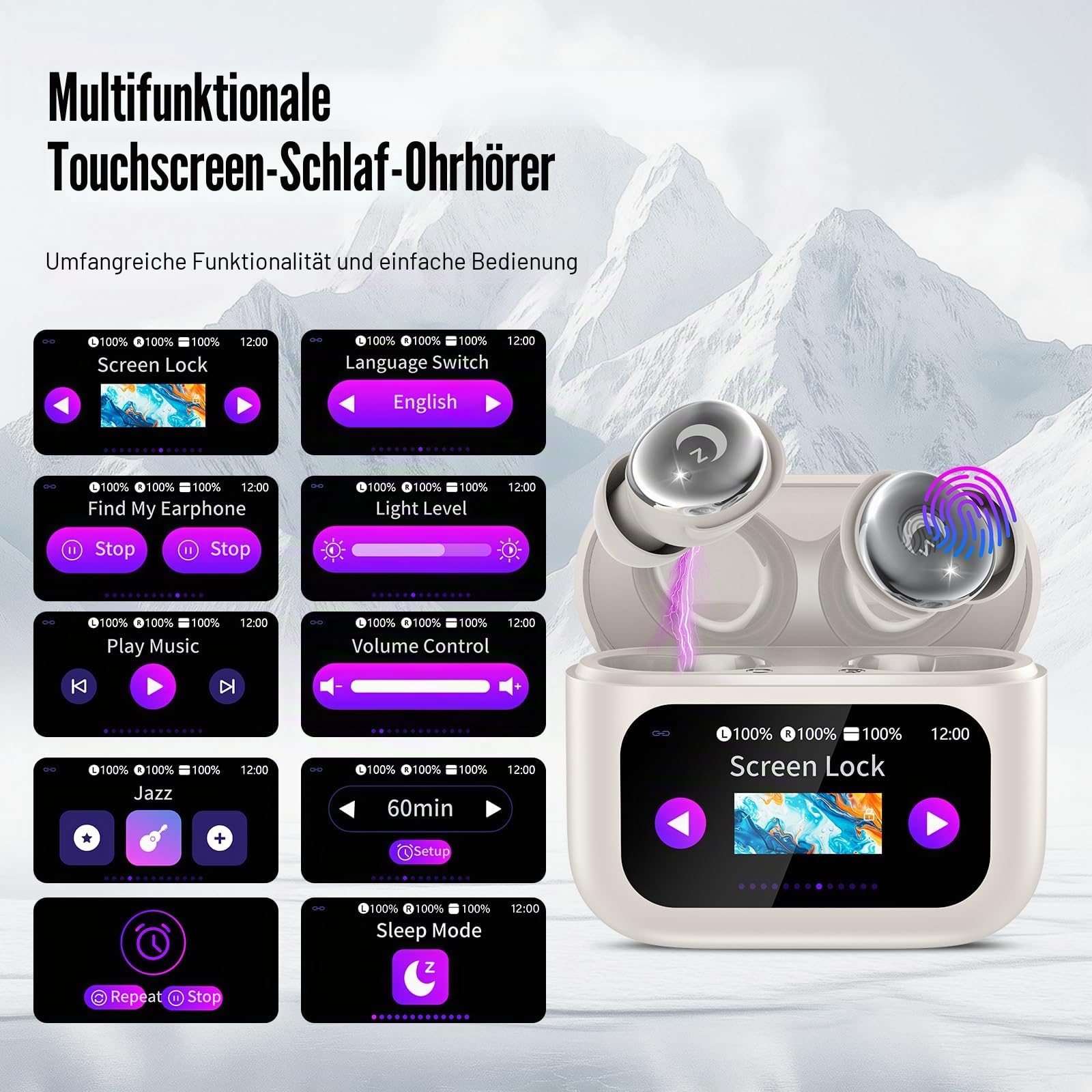 Bluetooth Kopfhörer, Mini 48 Std Schlafkopfhörer Bluetooth 5.4 mit Touchscreen, 2026 Neue in Ear Kopfhörer Kabellos mit ENC Noise Cancelling, IPX7 Ohrhörer, Immersiver Deep Bass Earbuds, Wolkenweiß